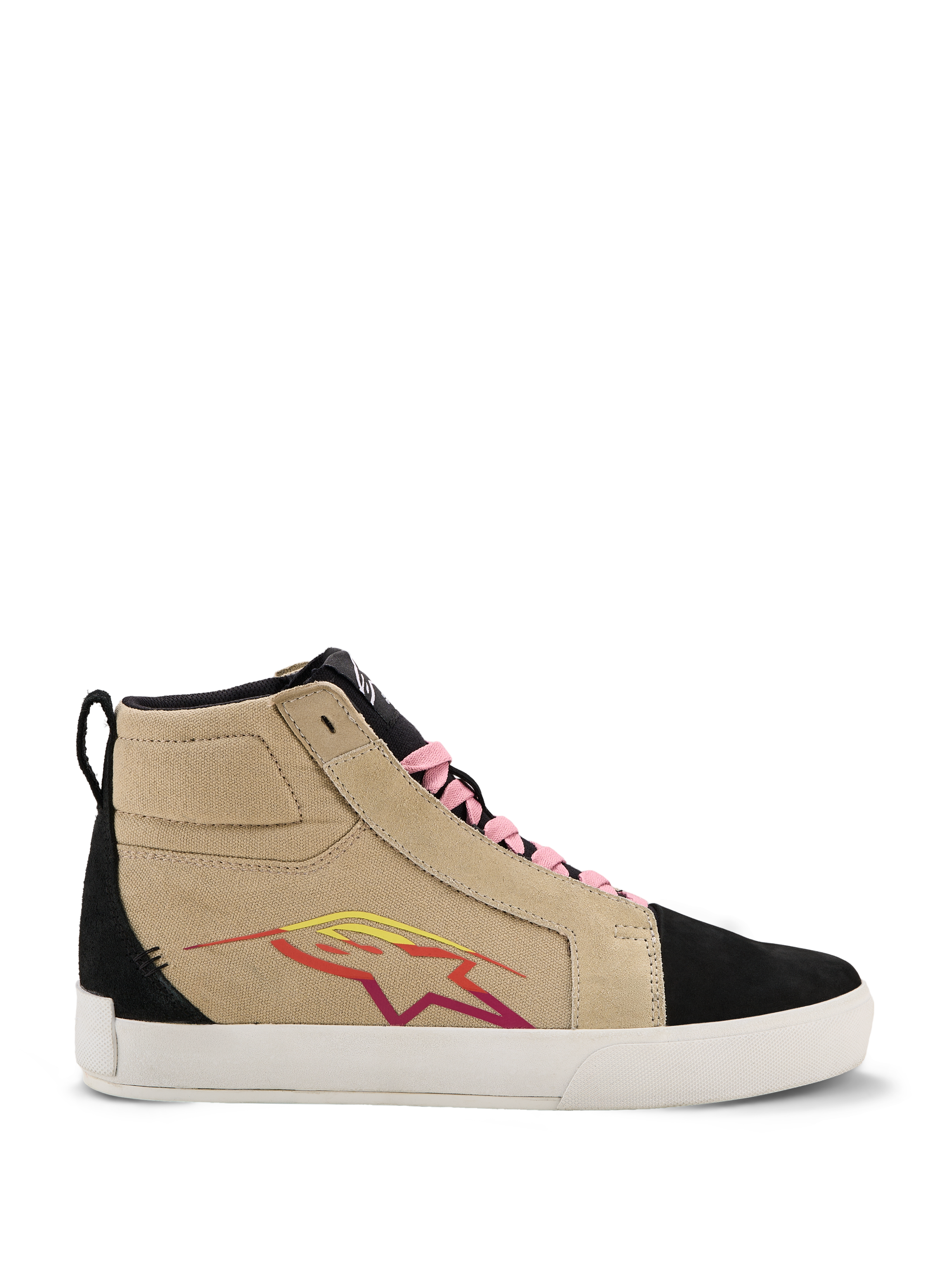 Alpinestars Ride-63 Canvas-sko, høje sneakers, beige og sort, pink snørebånd, hvid sål, multifarvet stjernelogo i rød og gul, ruskindslignende tekstur, afslappet motorsport-inspireret fodtøj
