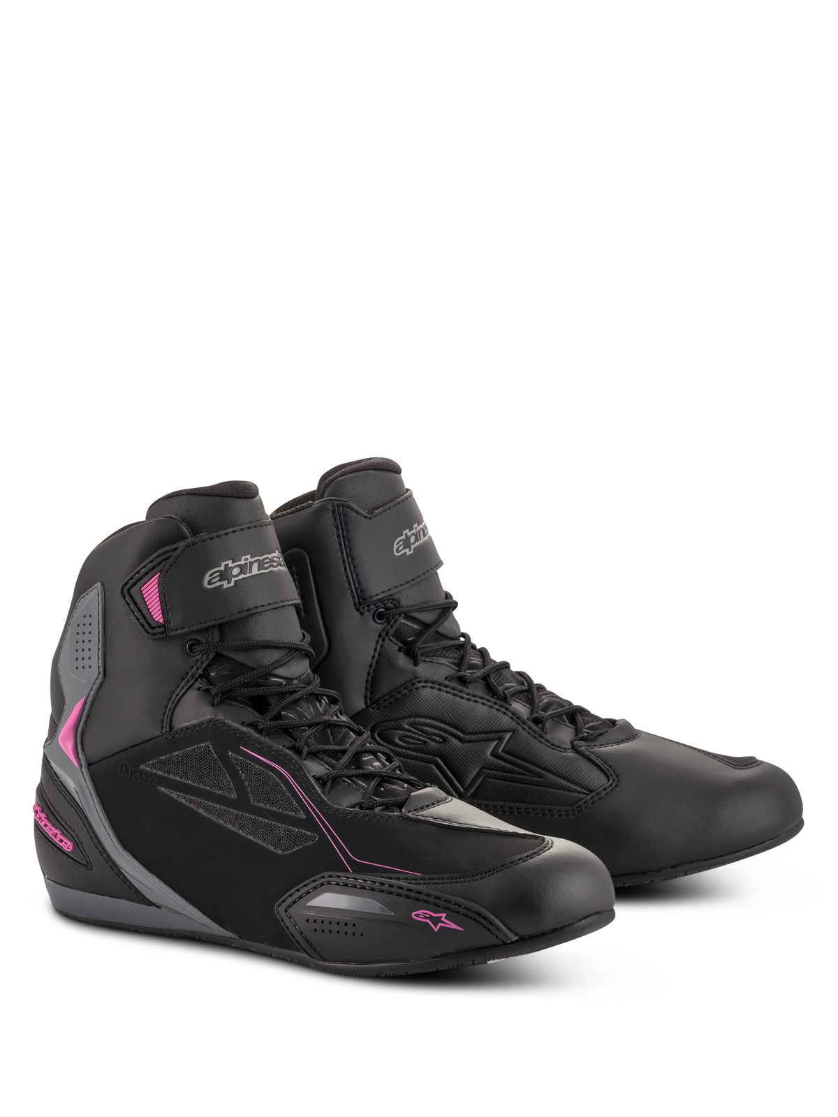 Alpinestars Stella Faster-3 Drystar sko til kvinder, motorcykelkøresko, sort, mørkegrå og fuchsia, vandtæt mikrofiber- og PU-ruskindskonstruktion, snørelukning med velcro-ankelstrop, strømlinet urbant sportsdesign