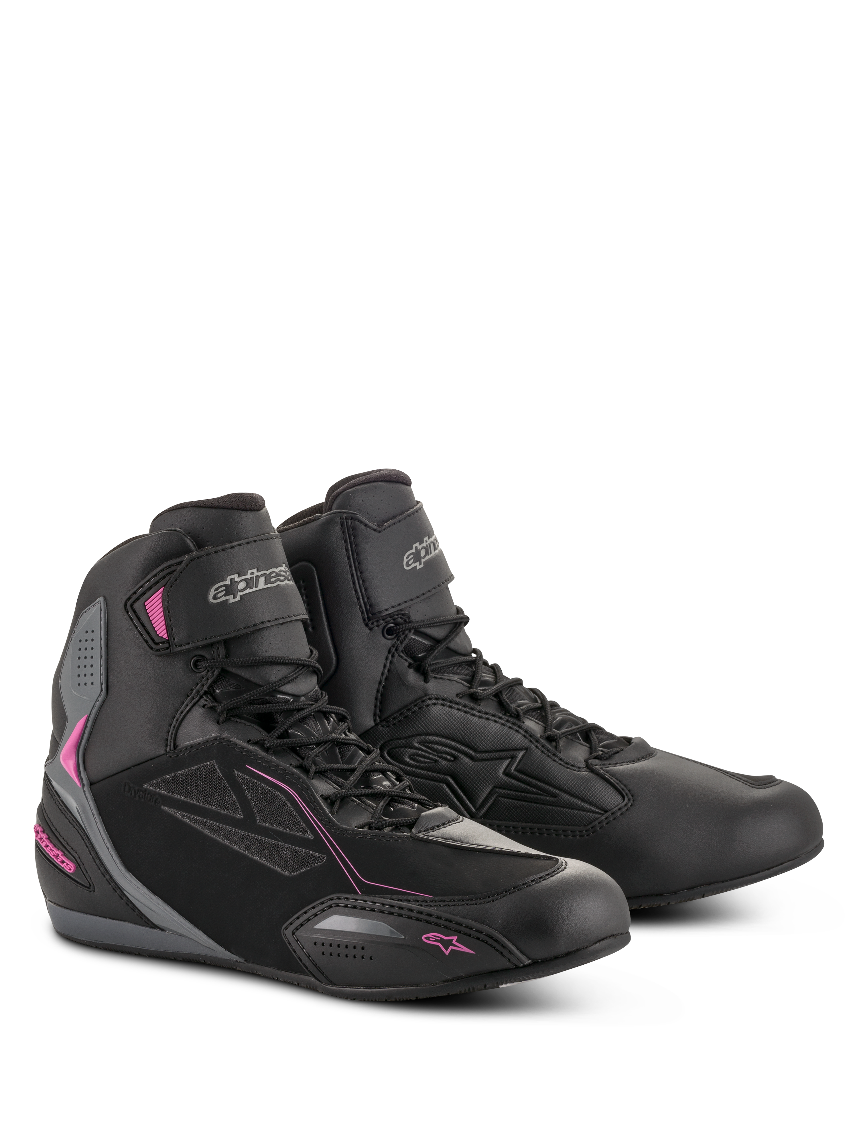 Alpinestars Stella Faster-3 Drystar sko til kvinder, motorcykelkøresko, sort, mørkegrå og fuchsia, vandtæt mikrofiber- og PU-ruskindskonstruktion, snørelukning med velcro-ankelstrop, strømlinet urbant sportsdesign