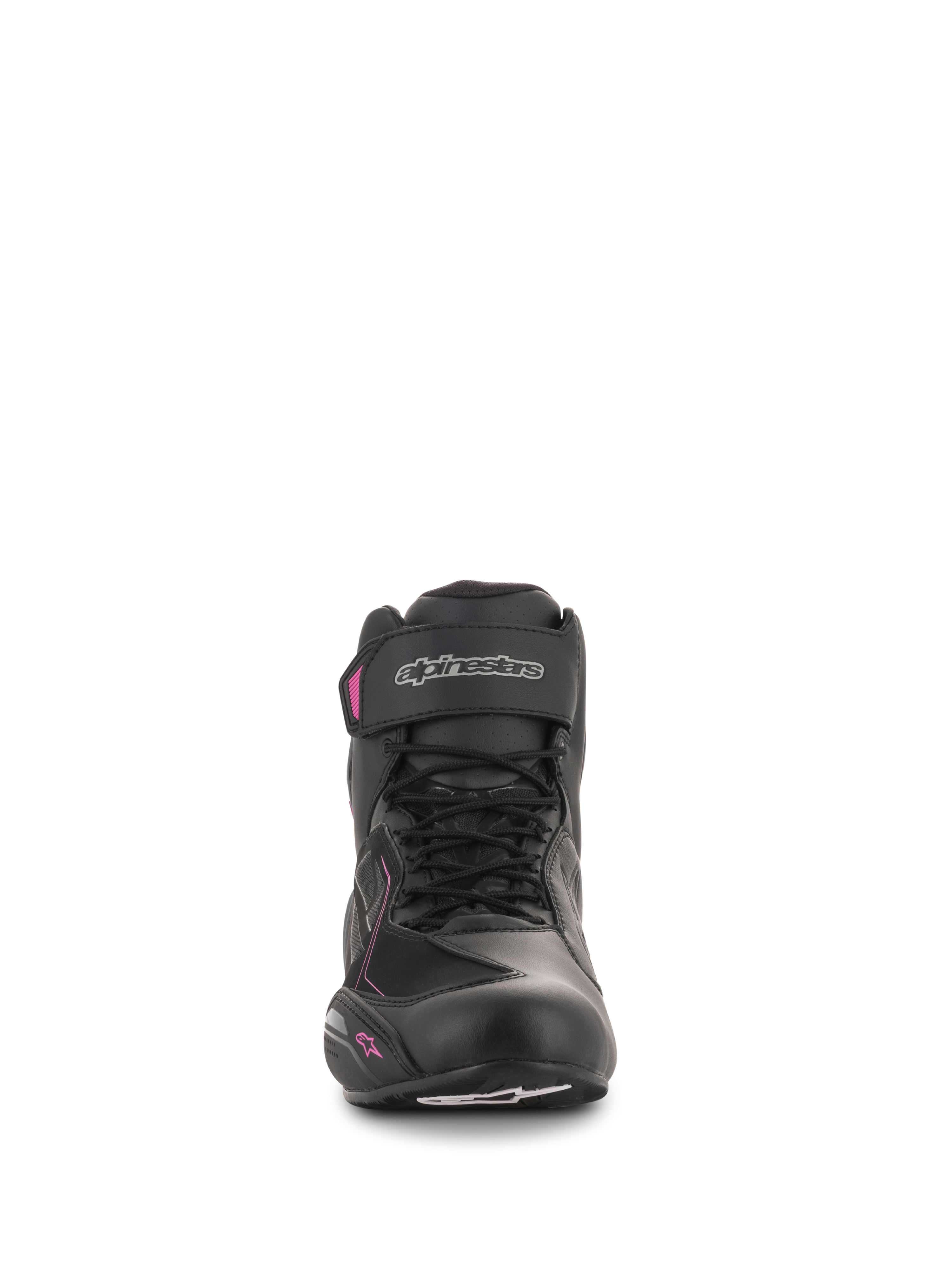Alpinestars Stella Faster-3 Drystar® sko til kvinder, motorcykel-køresko, sort, mørkegrå og fuchsia, set forfra med snørelukning, ankelrem med sølvlogo og lyserøde detaljer på en feminin profil