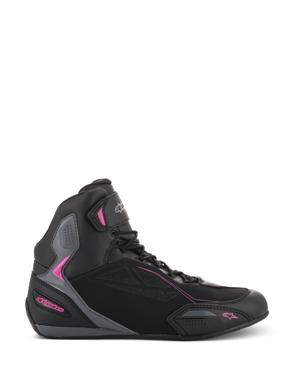 Alpinestars Stella Faster-3 Drystar damemotorcykelsko, motorcykel-sneakers, sort med mørkegrå og fuchsia-pink detaljer, sideprofil med høj silhuet, snørebåndslukning med velcrostrop ved anklen, forstærkede beskyttelsespaneler