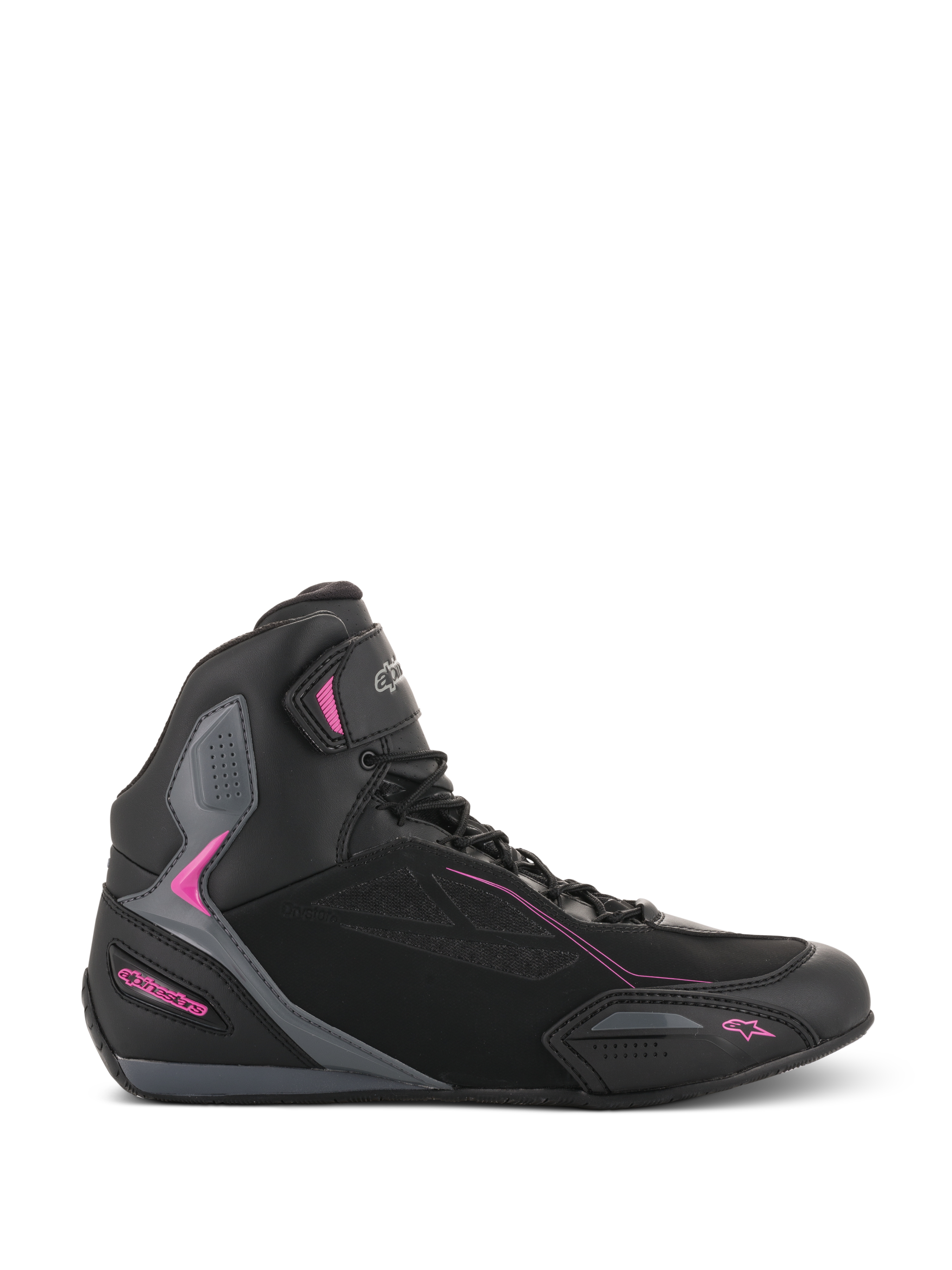 Alpinestars Women Stella Faster-3 Drystar Shoes, Motorcycle Riding Sneakers, Black with Dark Gray and Fuchsia pink accents, side profile showing high-top silhouette, lace-up closure with Velcro ankle strap, and reinforced protective panels.