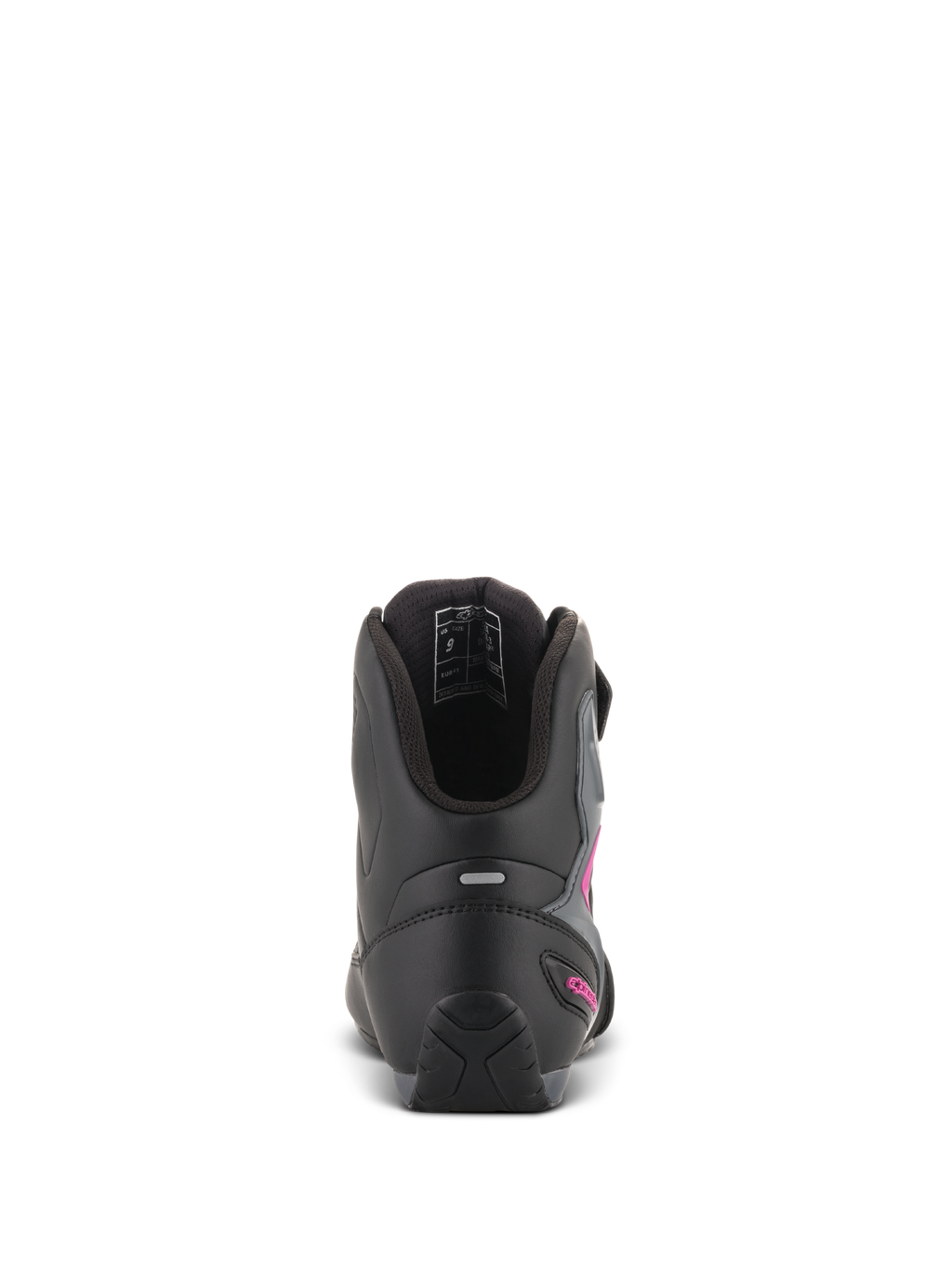Alpinestars Stella Faster-3 Drystar® sko til kvinder, sort mørkegrå fuchsia, set bagfra af hælen med refleksstribe og fuchsia-logo, vandtætte køresko med tekstureret sål og polstret krave