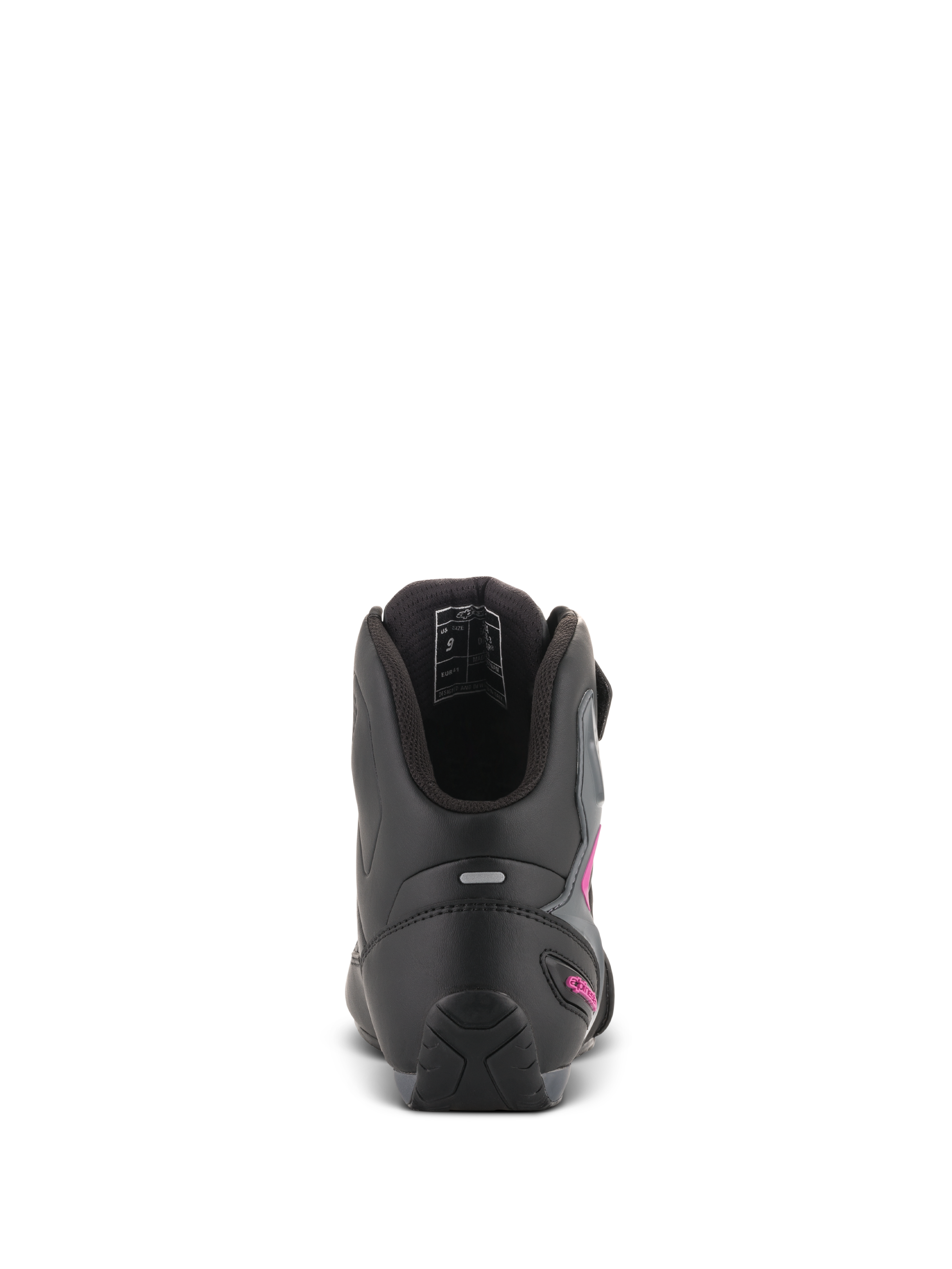 Alpinestars Stella Faster-3 Drystar® sko til kvinder, sort mørkegrå fuchsia, set bagfra af hælen med refleksstribe og fuchsia-logo, vandtætte køresko med tekstureret sål og polstret krave