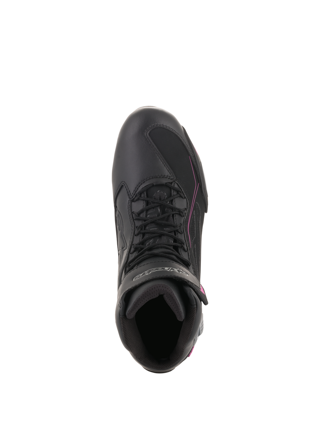 Alpinestars Stella Faster-3 Drystar® sko til kvinder, vandtætte motorcykelsko, sort, mørkegrå og fuchsia, set fra oven med snørebånd og velcrostrop, strømlinet beskyttende fodtøj til bykørsel
