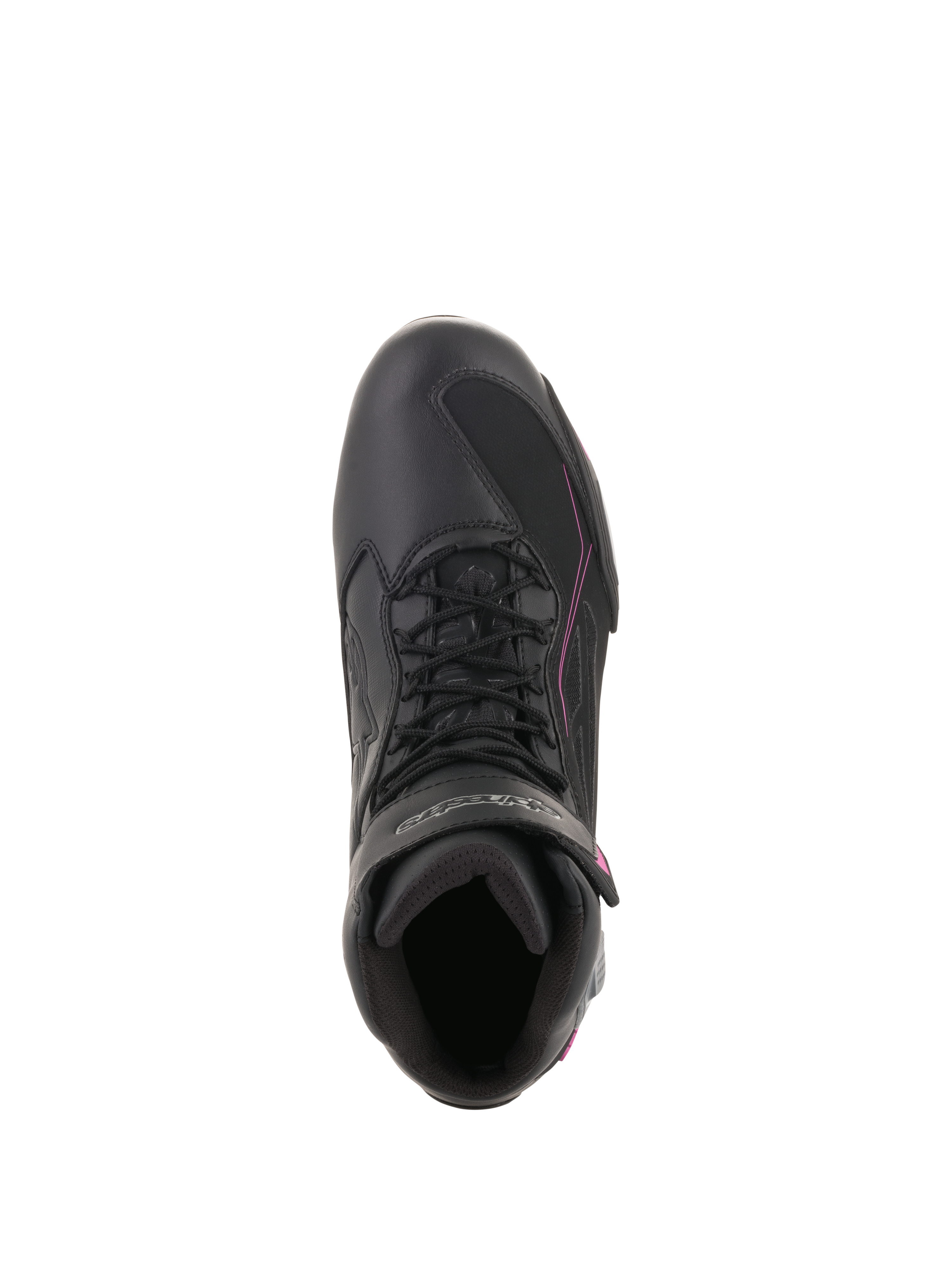 Alpinestars Stella Faster-3 Drystar® sko til kvinder, vandtætte motorcykelsko, sort, mørkegrå og fuchsia, set fra oven med snørebånd og velcrostrop, strømlinet beskyttende fodtøj til bykørsel