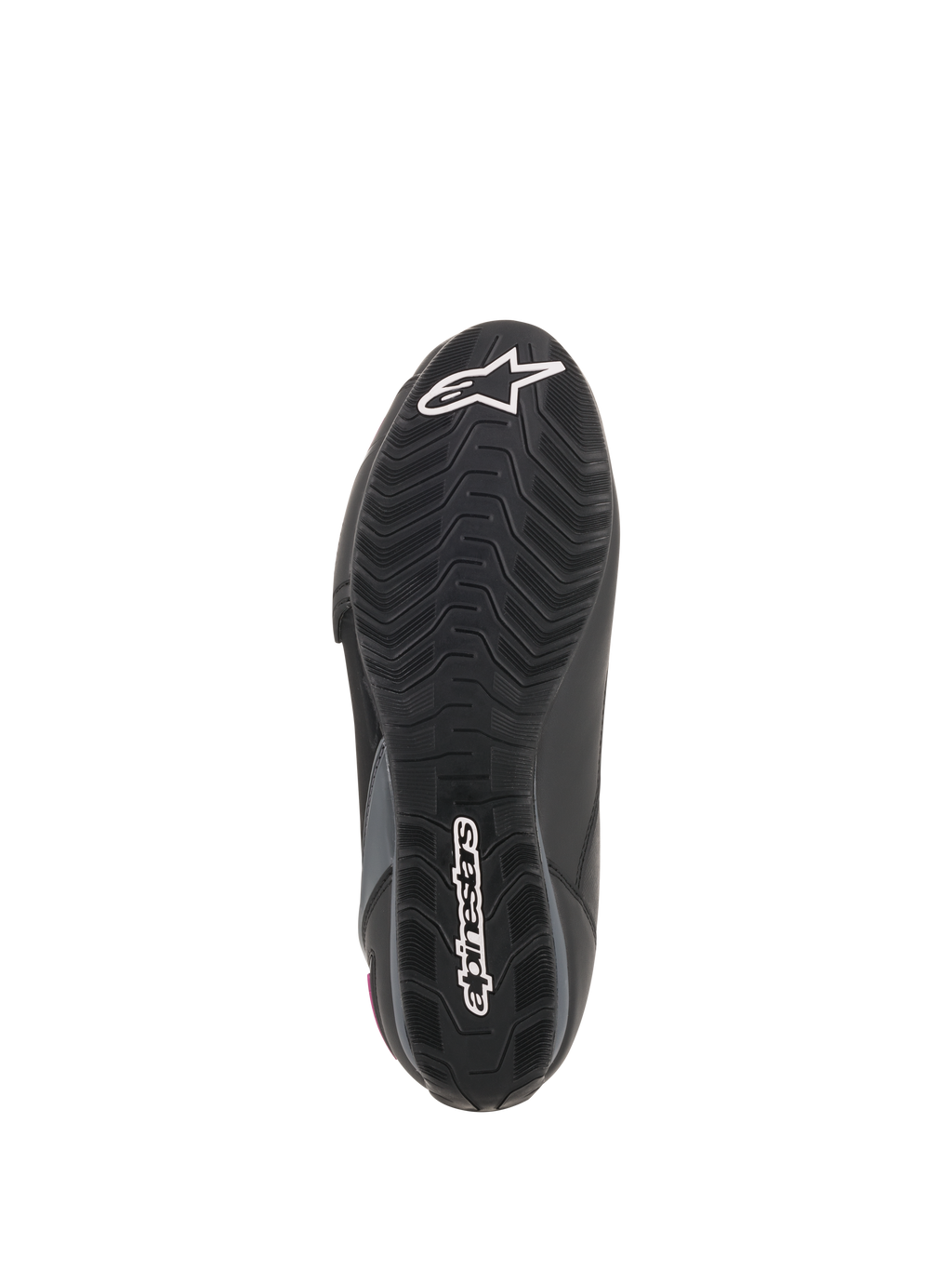 Alpinestars Stella Faster-3 Drystar® sko til kvinder, set fra bunden, sort gummiydersål med tekstureret grebsmønster, hvidt Alpinestars stjernelogo og navnetræk, holdbar motorcykelfodtøjskonstruktion