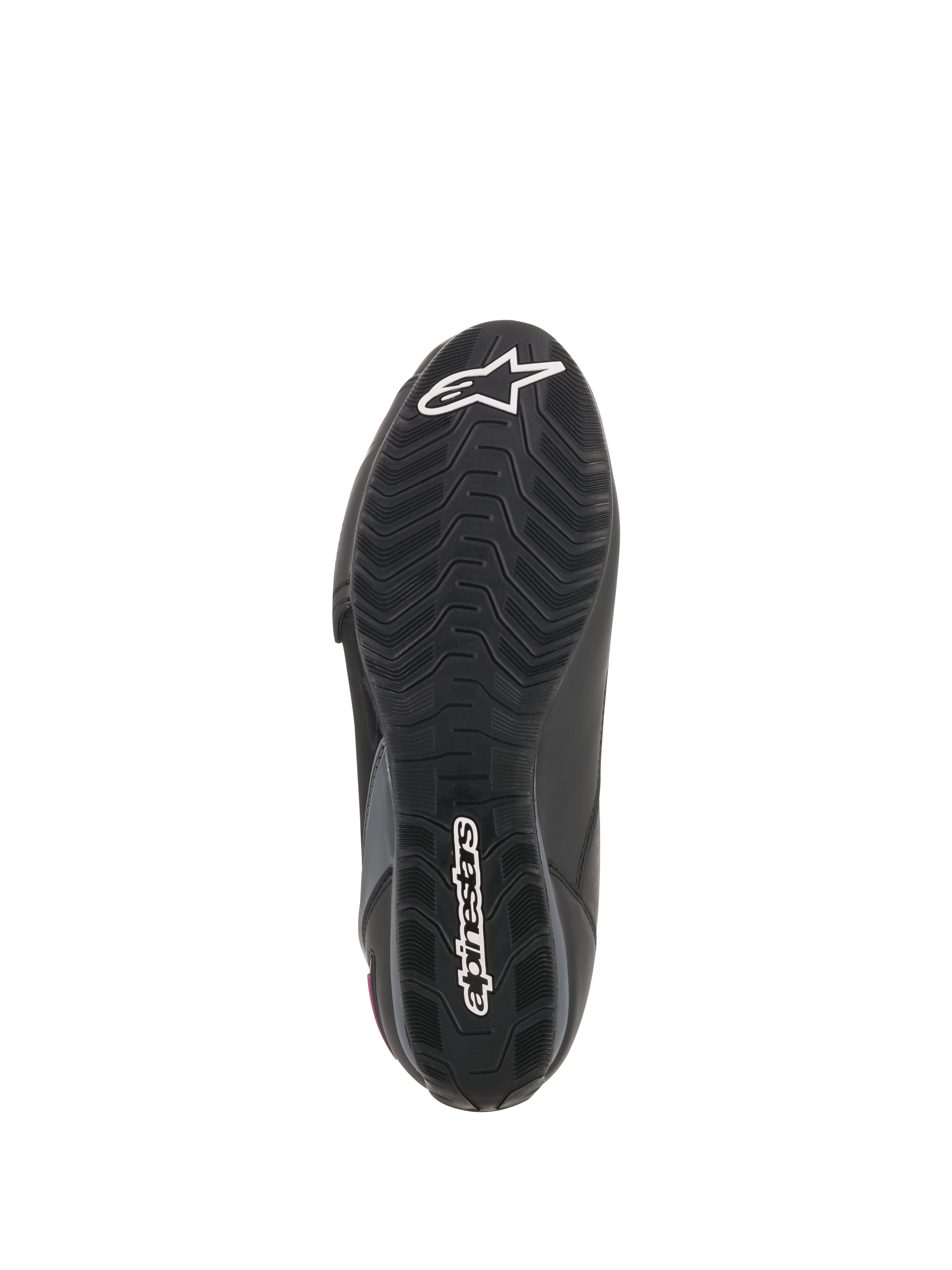 Alpinestars Stella Faster-3 Drystar® sko til kvinder, set fra bunden, sort gummiydersål med tekstureret grebsmønster, hvidt Alpinestars stjernelogo og navnetræk, holdbar motorcykelfodtøjskonstruktion