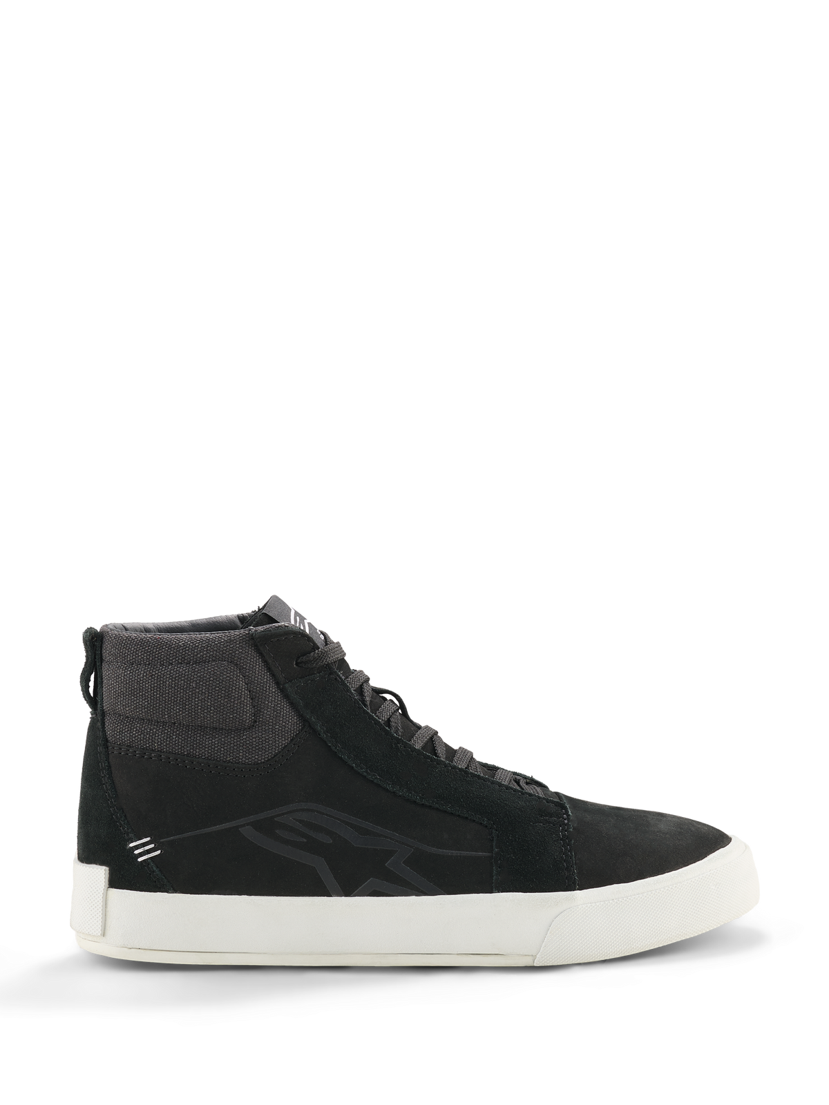Alpinestars Ride-63 lædersko, sorte høje sneakers, urban motorcykelfodtøj, hvid sål, tekstureret stofkrave ved anklen, sorte ruskindspaneler, minimalistisk design