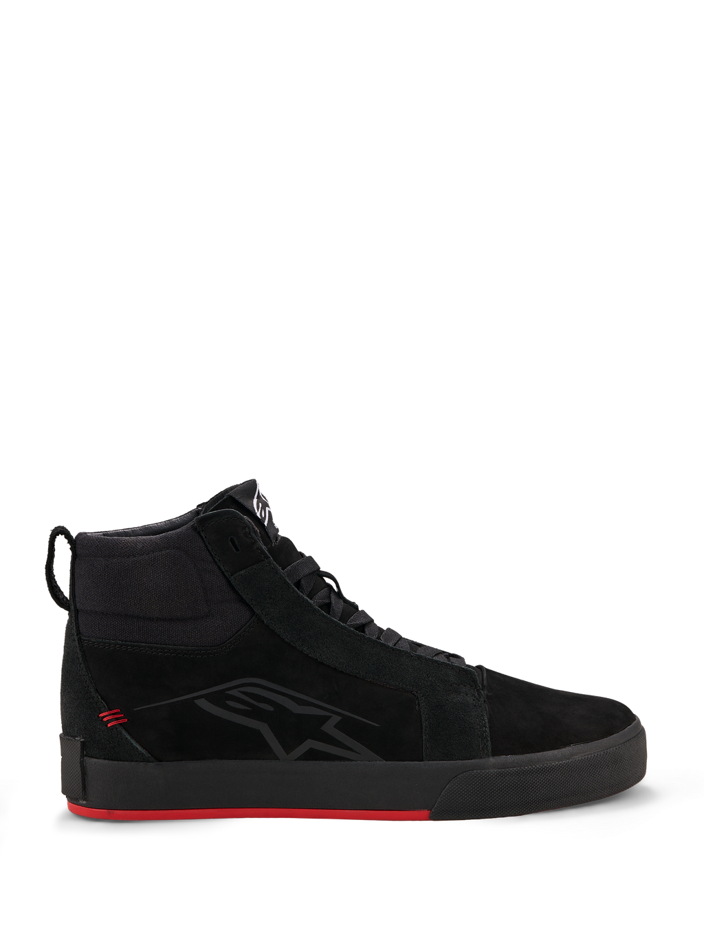 Alpinestars Ride-63 lædersko, urbane motorcykelsko, sort og klar rød, skate-inspireret high-top profil, overdel i premium læder og nubuck, sort vulkaniseret sål med klar rød bund, diskret logo på siden, afslappet motorcykel-streetwear