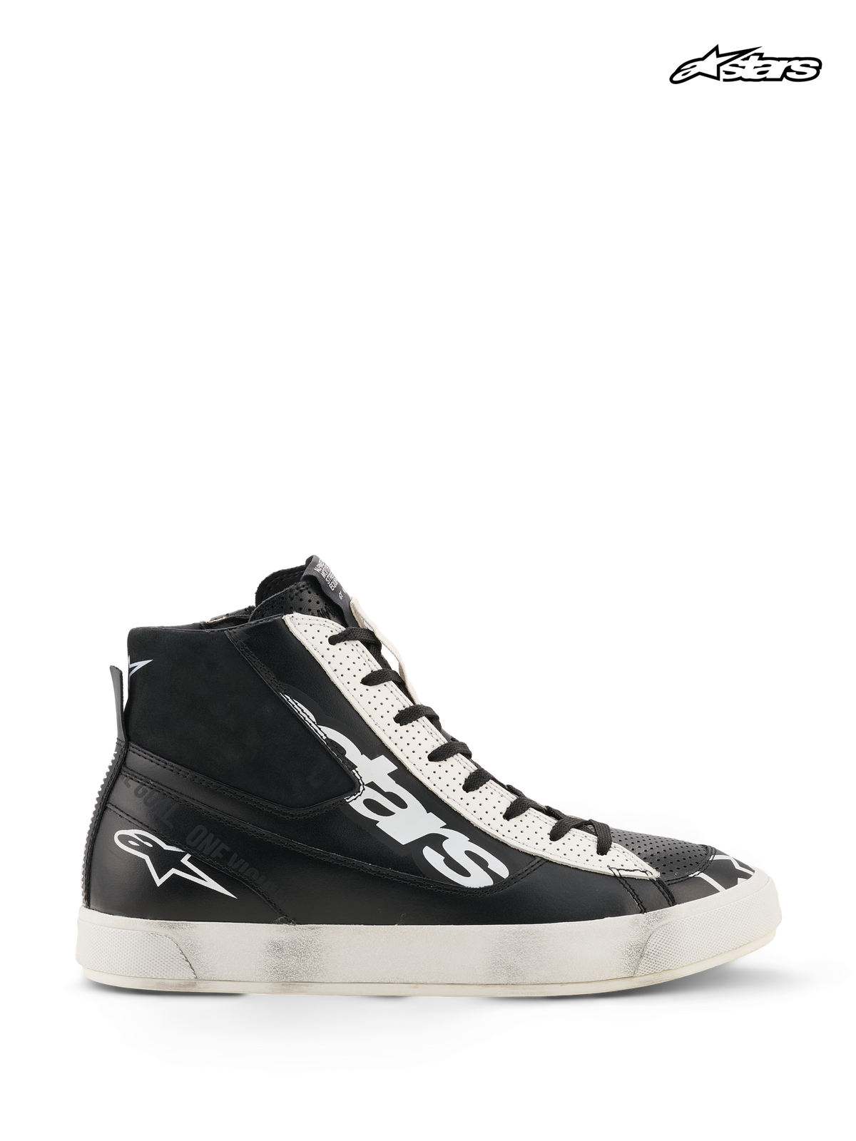Alpinestars Stated Flair sko, herre-urban motorcykelkøresko i sort og hvid, high-top læderdesign med CE-certificeret ankelbeskyttelse og vintage racing-patina