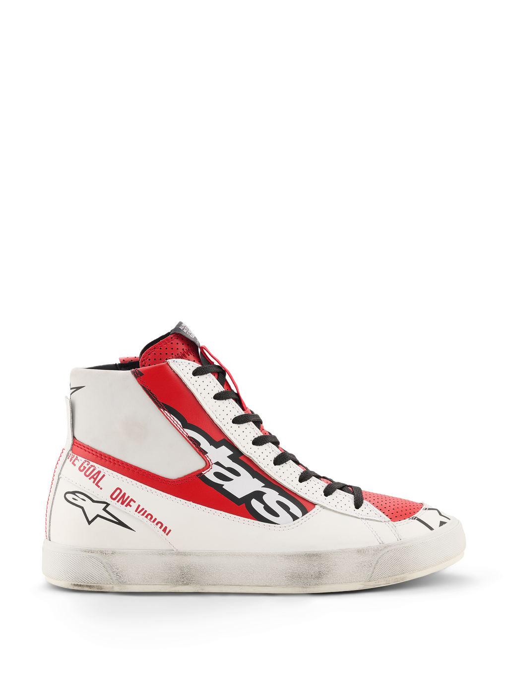 Alpinestars Stated Flair sko, high-top motorcykelsko, hvid og klar rød, premium læderkonstruktion med en håndpåført slidt finish på den hvide sål, stort sort Alpinestars-branding på siden, røde paneler og tekst på hælen, vintage-inspireret racing-æstetik