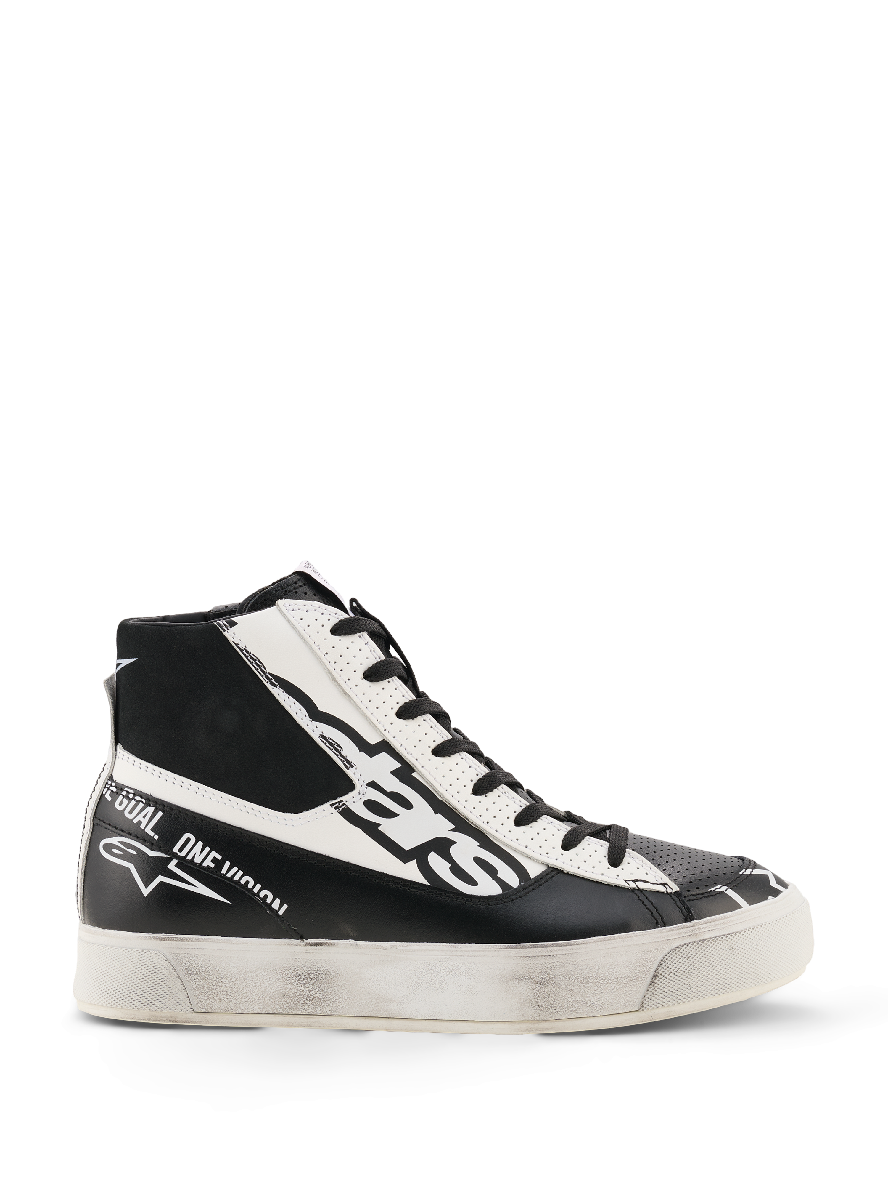 Alpinestars Stella Stated Flair sko, high-top køresko til damer, sort og hvid, med perforerede læderpaneler, markant logobranding og en sål med slidt look, motorsport-inspireret urban streetwear