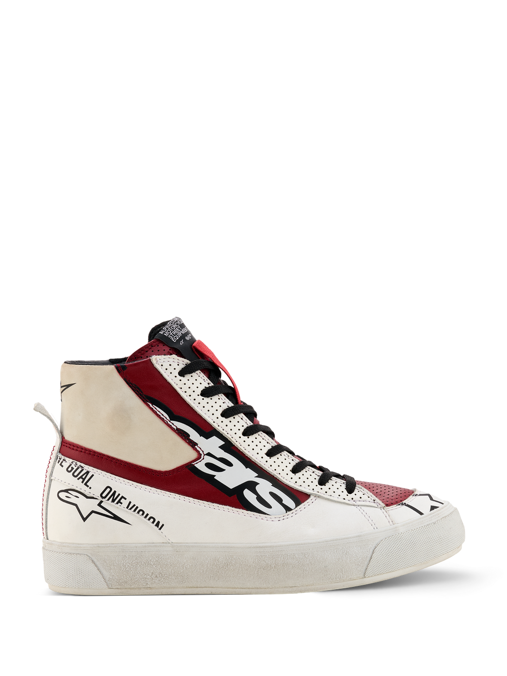 Alpinestars Stella Stated Flair sko, high-top sneakers til damer, rød, hvid og sort, motorsport-inspireret design med "one goal one vision"-branding, tekstureret hvid sål, trækstrop, læder- og stofkonstruktion