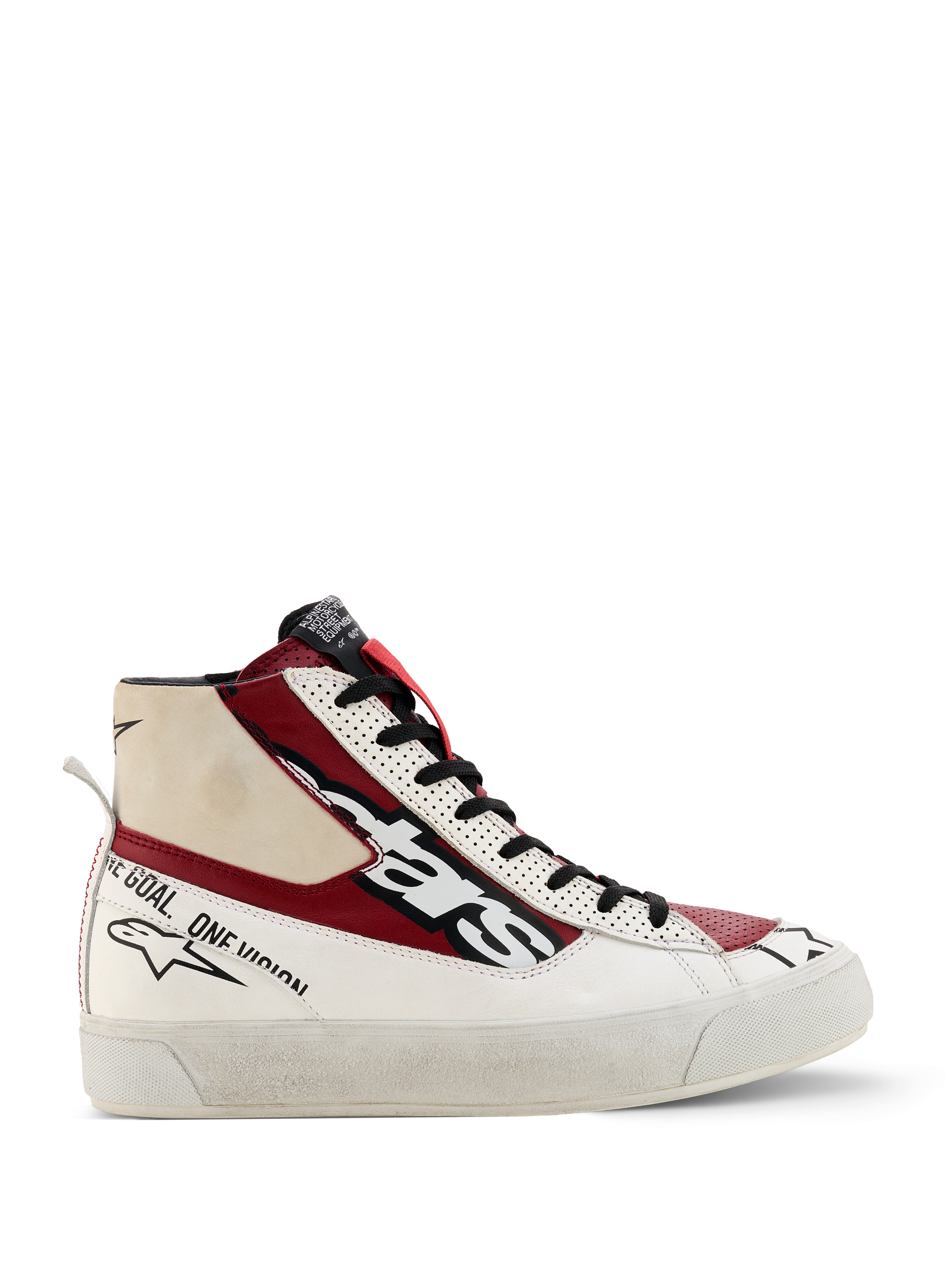 Alpinestars Stella Stated Flair sko, high-top sneakers til damer, rød, hvid og sort, motorsport-inspireret design med "one goal one vision"-branding, tekstureret hvid sål, trækstrop, læder- og stofkonstruktion