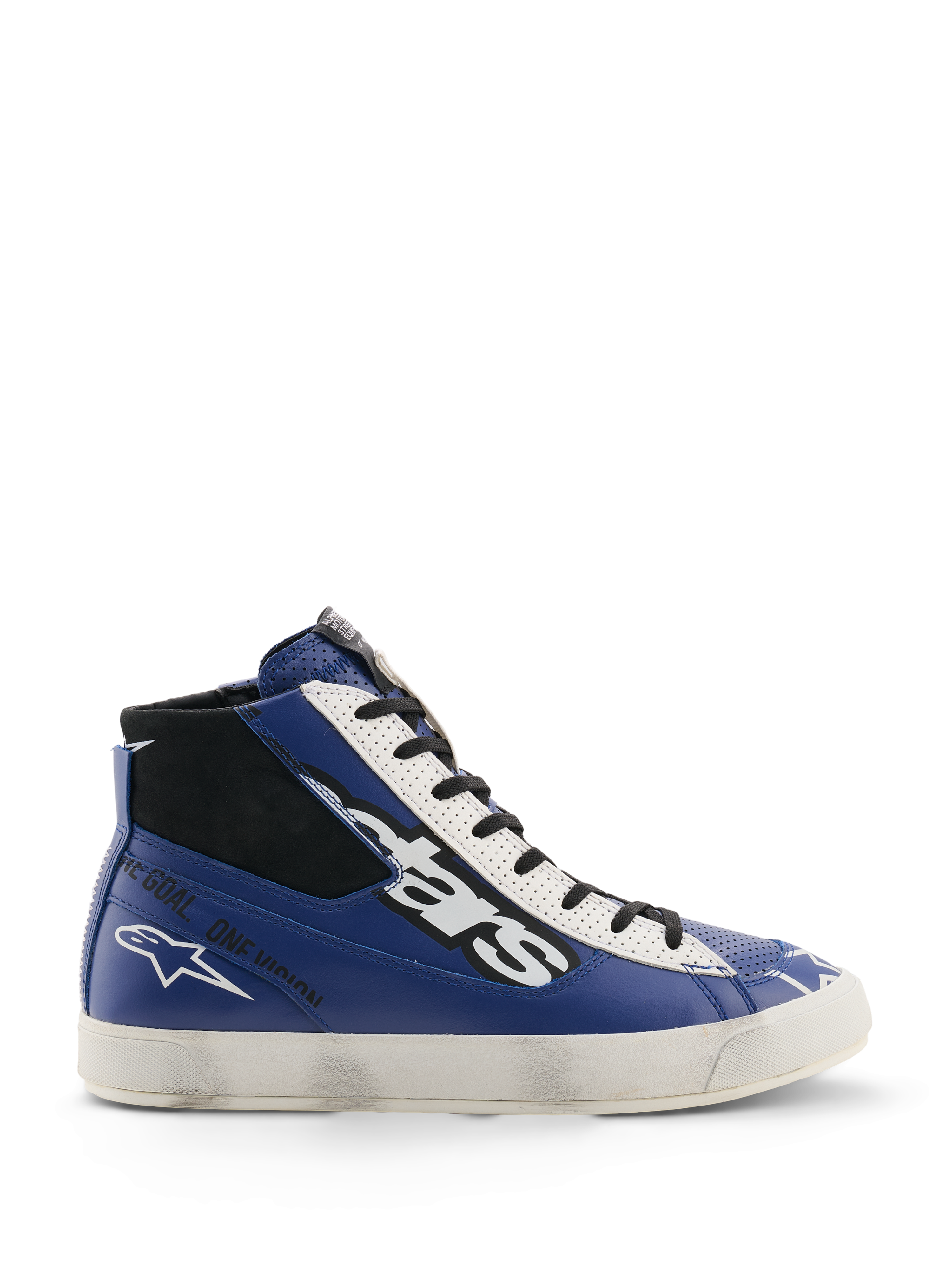 Alpinestars Stated Flair Shoes, Urban Motorcycle Riding Shoes, Bright Blue White and Black, high-top leather construction with a large white and black stars logo, 'One Goal. One Vision.' text on the side, and a vintage-inspired white vulcanized sole featuring a hand-applied worn effect.