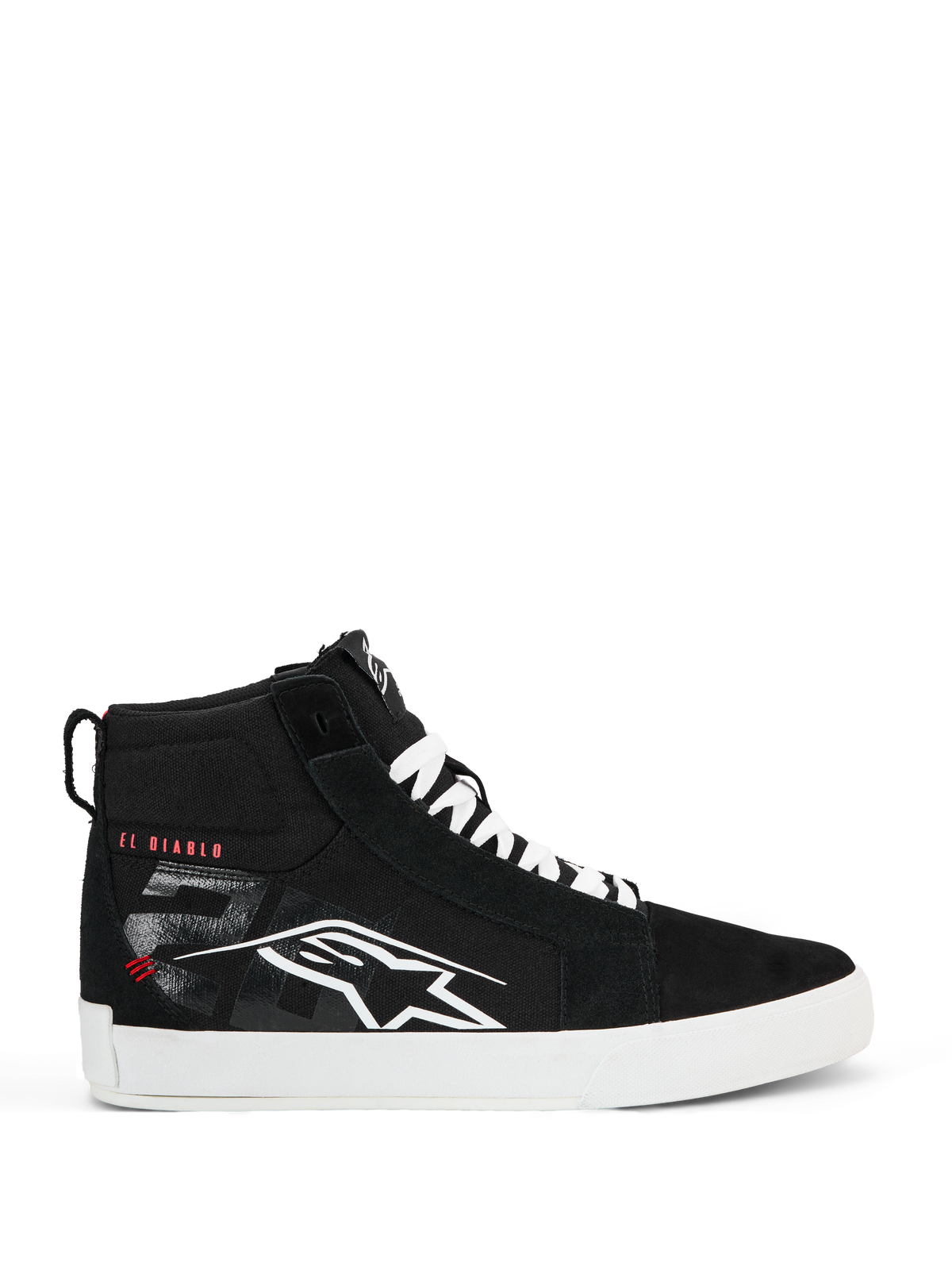 Alpinestars FQ20 Ride-63 Canvas Shoes, black high-top street riding shoes, white Alpinestars logo and red "EL DIABLO" text on the side, white sole and laces, casual urban motorcycle footwear