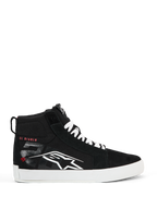 Alpinestars FQ20 Ride-63 Canvas sko, sorte high-top gadekørselssko, hvidt Alpinestars-logo og rød "EL DIABLO"-tekst på siden, hvid sål og snørebånd, afslappet urbant motorcykelfodtøj