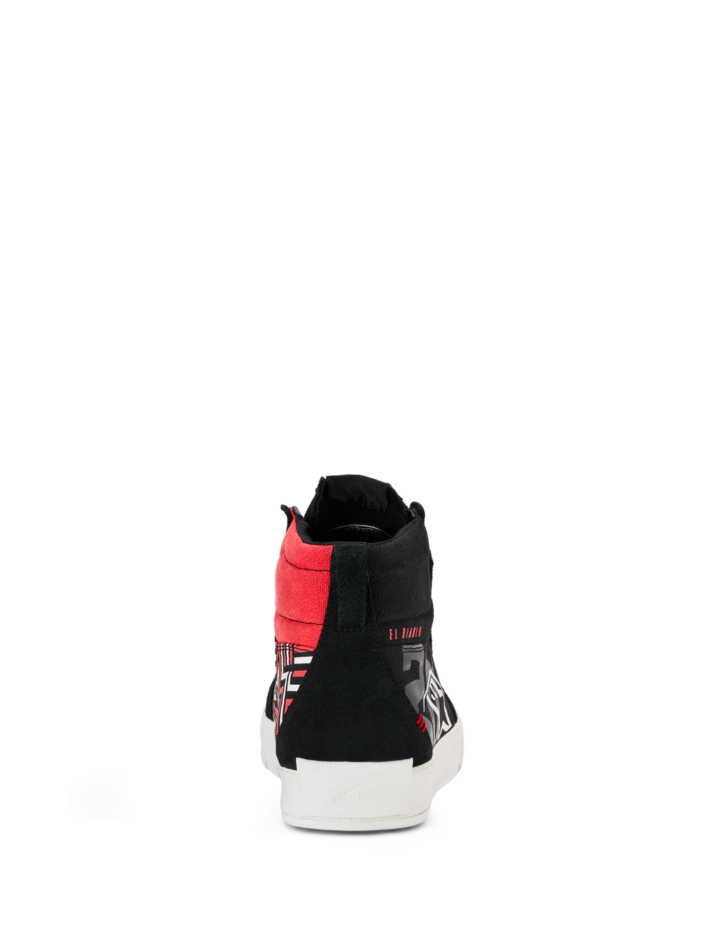 Alpinestars FQ20 Ride-63 Canvas sko, set bagfra, sort lærred high-top med klare røde detaljer og hvid vulkaniseret sål, med 'EL DIABLO' branding, afslappet urbant kørefodtøj