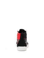 Alpinestars FQ20 Ride-63 Canvas sko, set bagfra, sort lærred high-top med klare røde detaljer og hvid vulkaniseret sål, med 'EL DIABLO' branding, afslappet urbant kørefodtøj