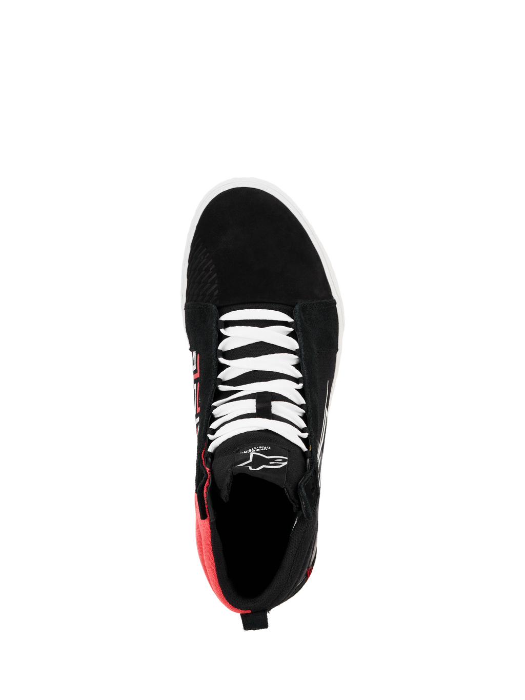 Alpinestars FQ20 Ride-63 Canvas sko, set oppefra, sort med hvide snørebånd og stærk rød hælsektion, high-top afslappet kørersko med Alpinestars-logo på pløsen