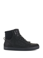 Alpinestars J-6 Waterproof Shoe, sort højhalset urban motorcykel-sneaker, sideprofil, førsteklasses læderkonstruktion, snørelukning og polstret ankelkrave