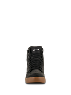 Alpinestars J-6 Waterproof sko, motorcykelsko, Black Gum, set forfra med sorte snørebånd og brun gummisål, sneaker-design til kørsel i byen