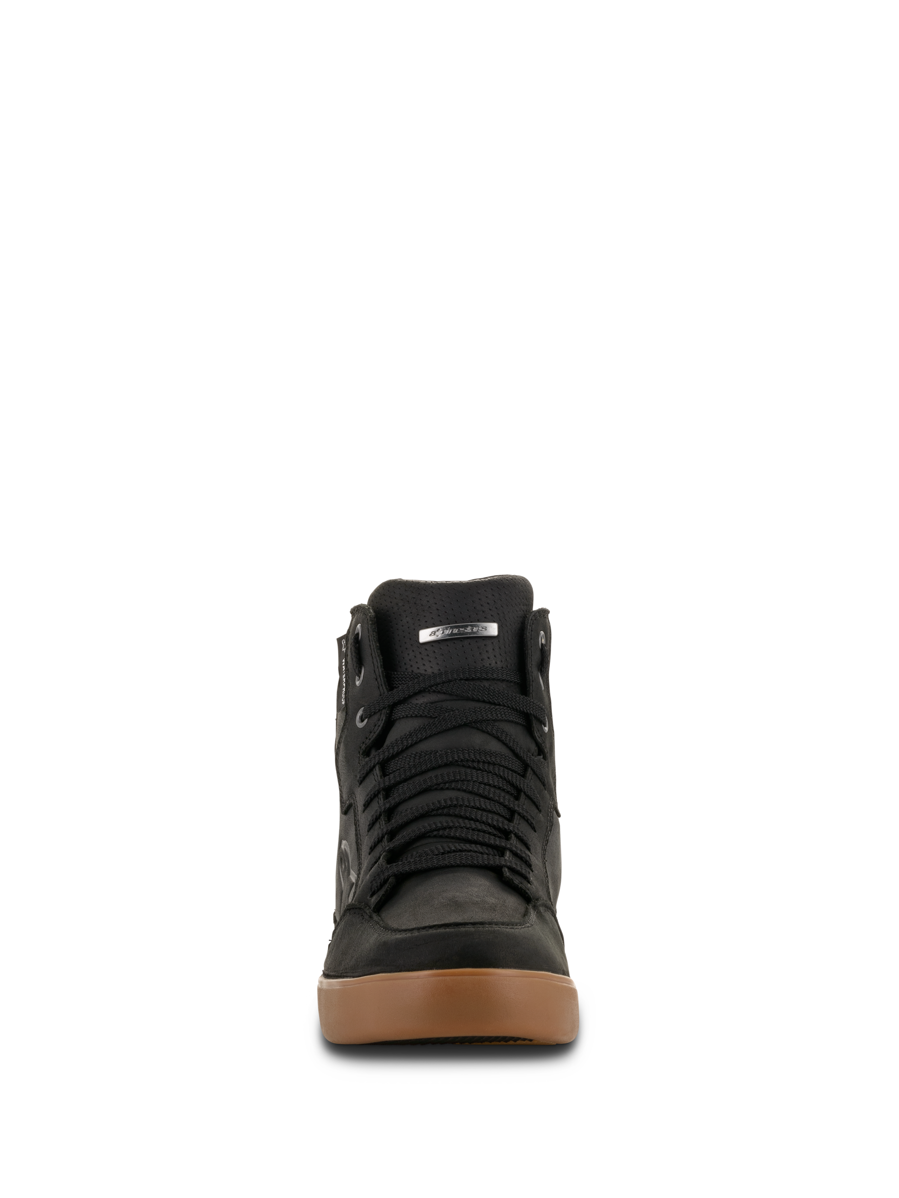 Alpinestars J-6 Waterproof sko, motorcykelsko, Black Gum, set forfra med sorte snørebånd og brun gummisål, sneaker-design til kørsel i byen