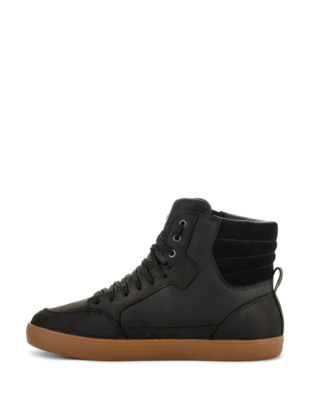 Alpinestars J-6 Waterproof sko, motorcykelsko, sort med brun gummisål, set fra siden, high-top sneaker-design, læderoverdel, afslappet urbant motorcykelfodtøj