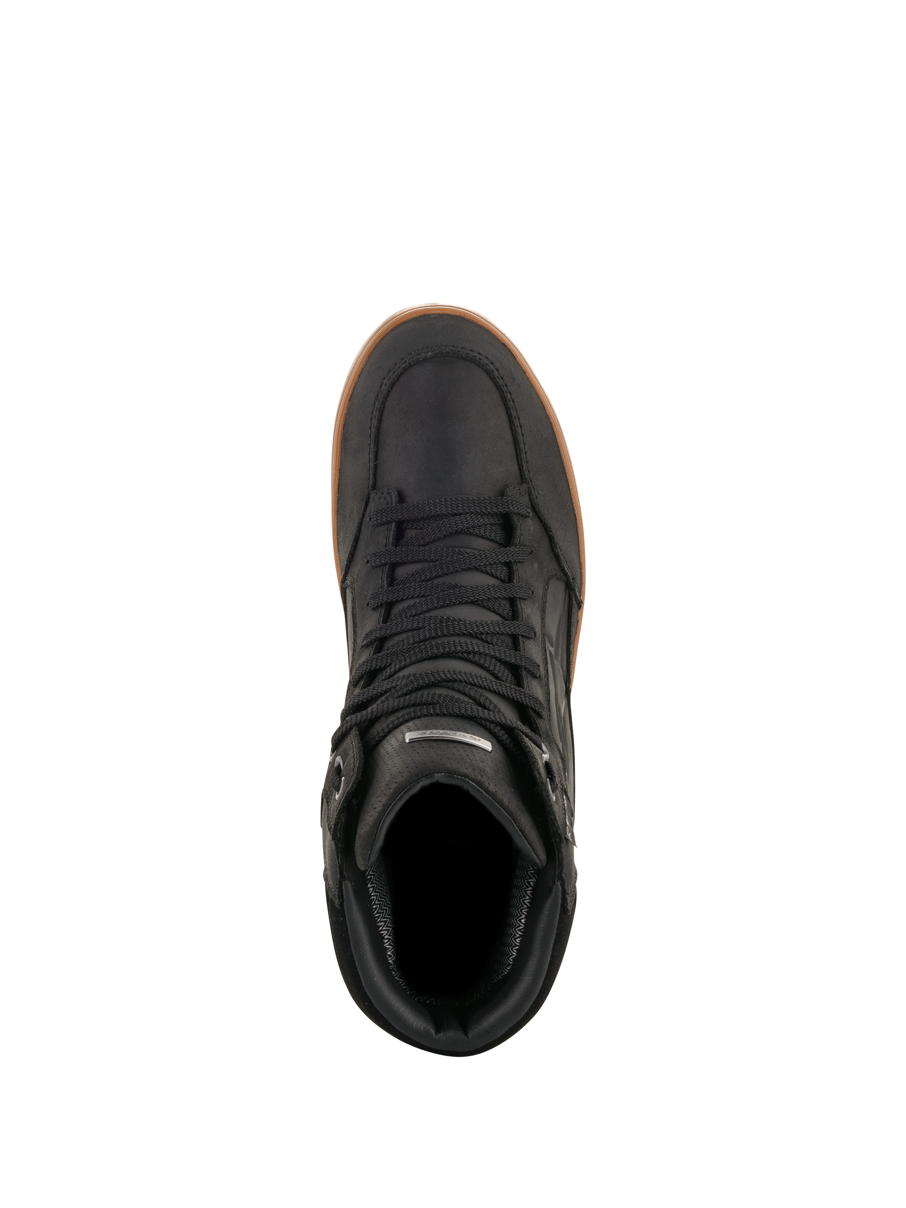 Alpinestars J-6 Waterproof sko, Black Gum, set oppefra, sort motorcykelkøresko i læder med gum-farvet gummisål, urban udstyr i sneaker-stil med sorte snørebånd