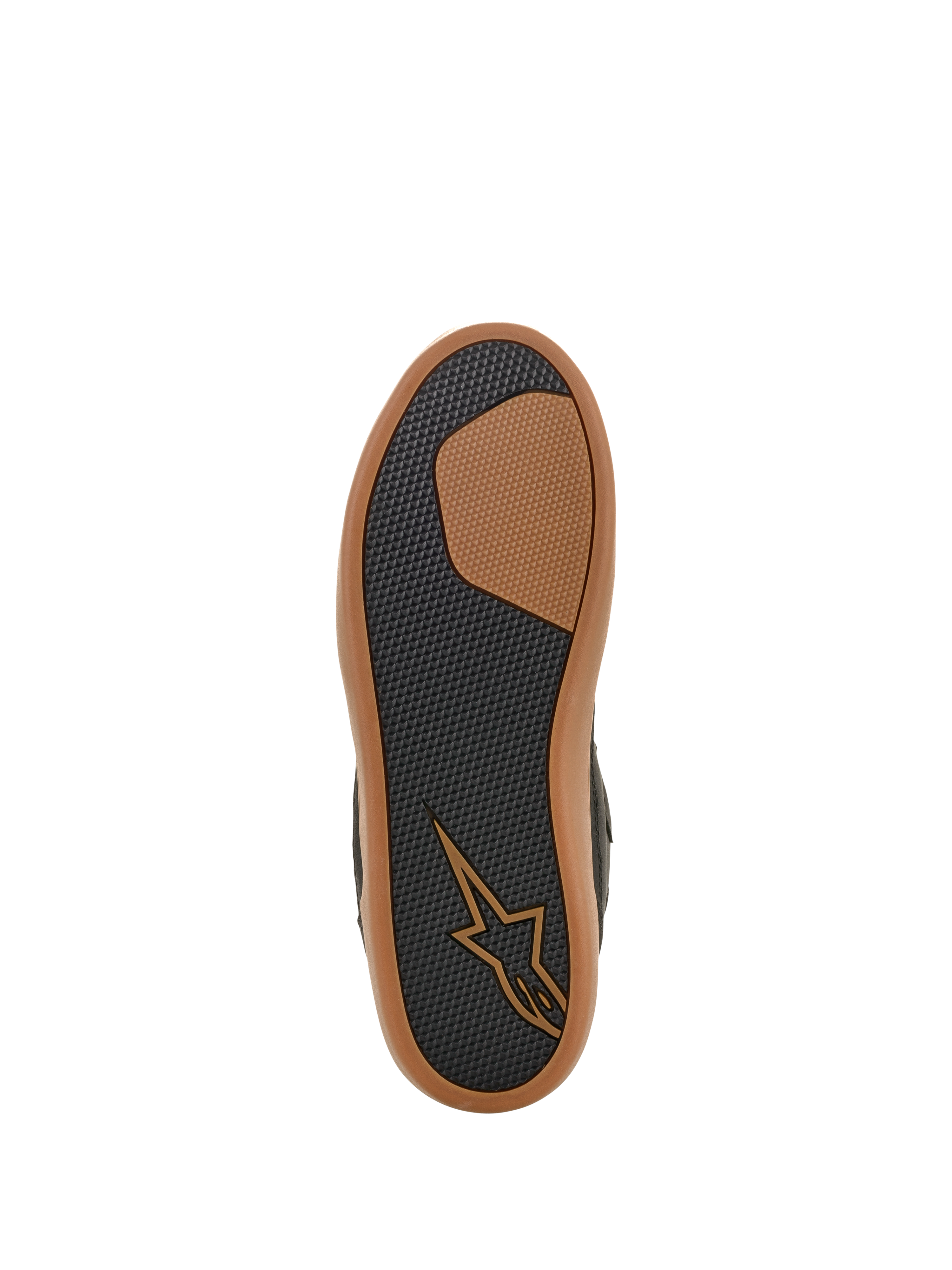 Alpinestars J-6 Waterproof sko, visning af sålen, sort og gummi, tekstureret gummimønster for greb og holdbarhed, med tan-farvet Astars-logo og gummifarvet yderkant, motorcykelfodtøj i sneaker-stil