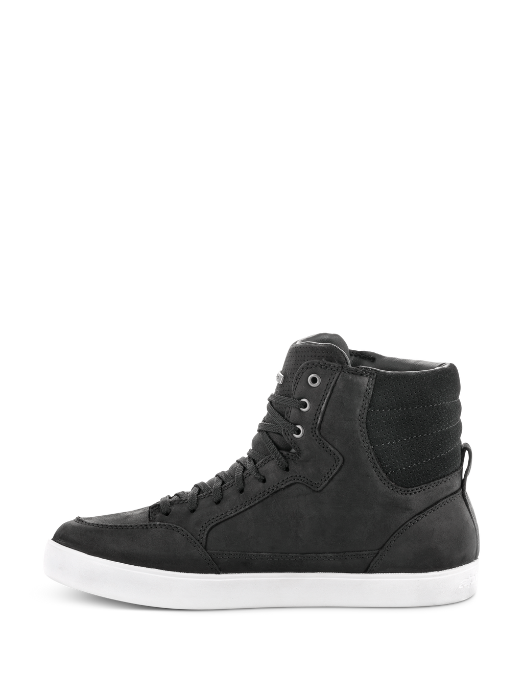 Alpinestars J-6 Waterproof Shoe, sort og hvid, sideprofil af high-top motorcykelsneaker, konstruktion i sort læder med hvid gummisål, urbant fodtøj til motorcykel med snørebåndsdesign