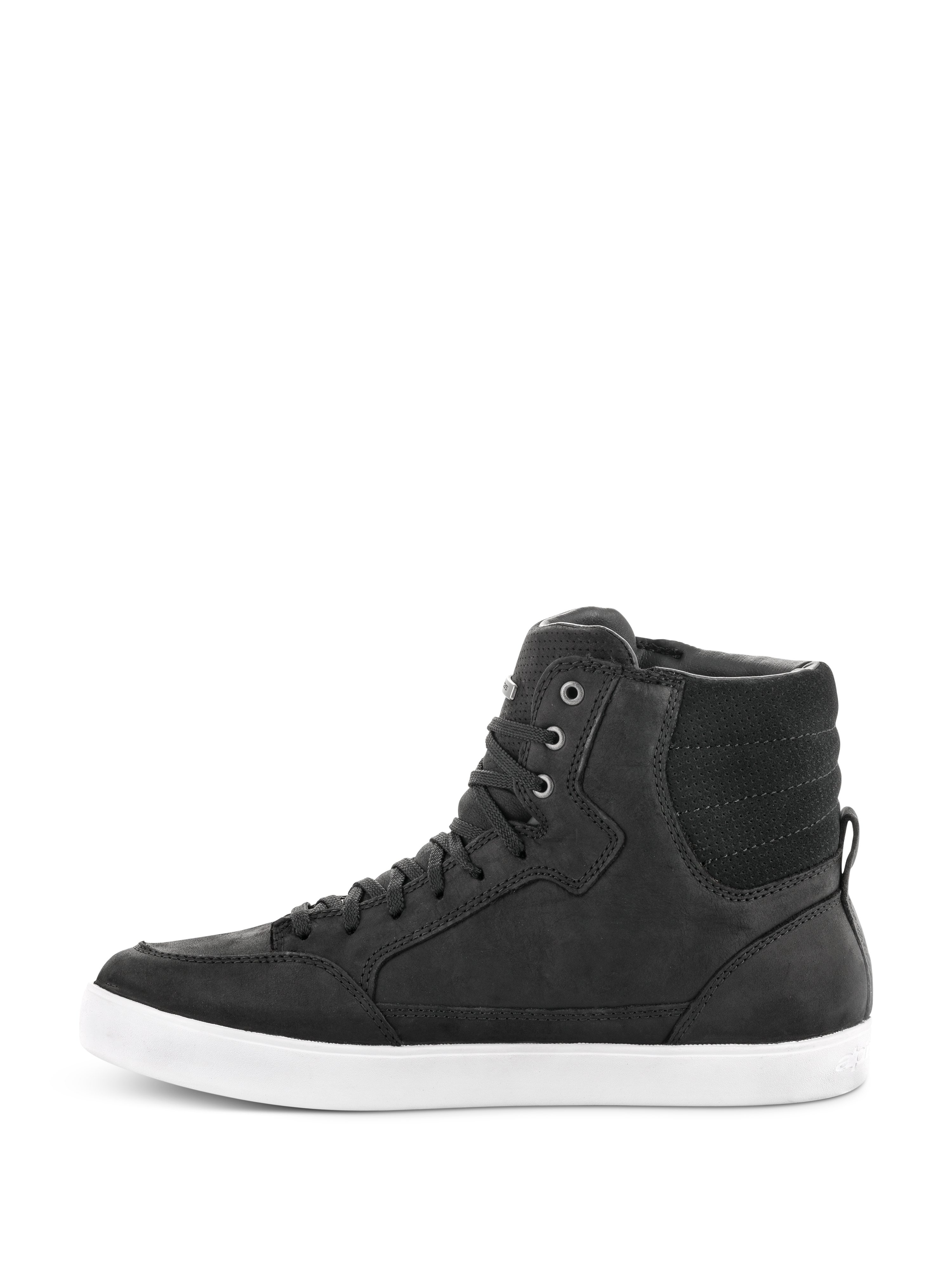 Alpinestars J-6 Waterproof Shoe, sort og hvid, sideprofil af high-top motorcykelsneaker, konstruktion i sort læder med hvid gummisål, urbant fodtøj til motorcykel med snørebåndsdesign