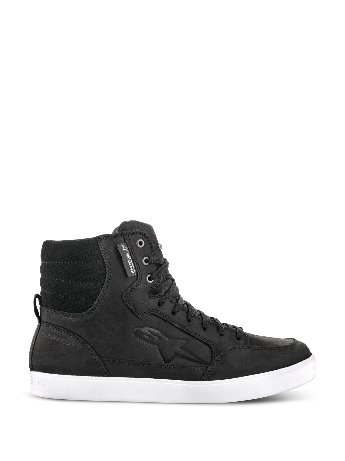 Alpinestars J-6 Waterproof Shoe, sort urban motorcykelsneaker, højhalset motorcykelfodtøj i læder med hvid flad sål, polstret vatteret ankel, metaløskner, vandtæt mærke, præget logo på siden, street-inspireret design til daglig brug