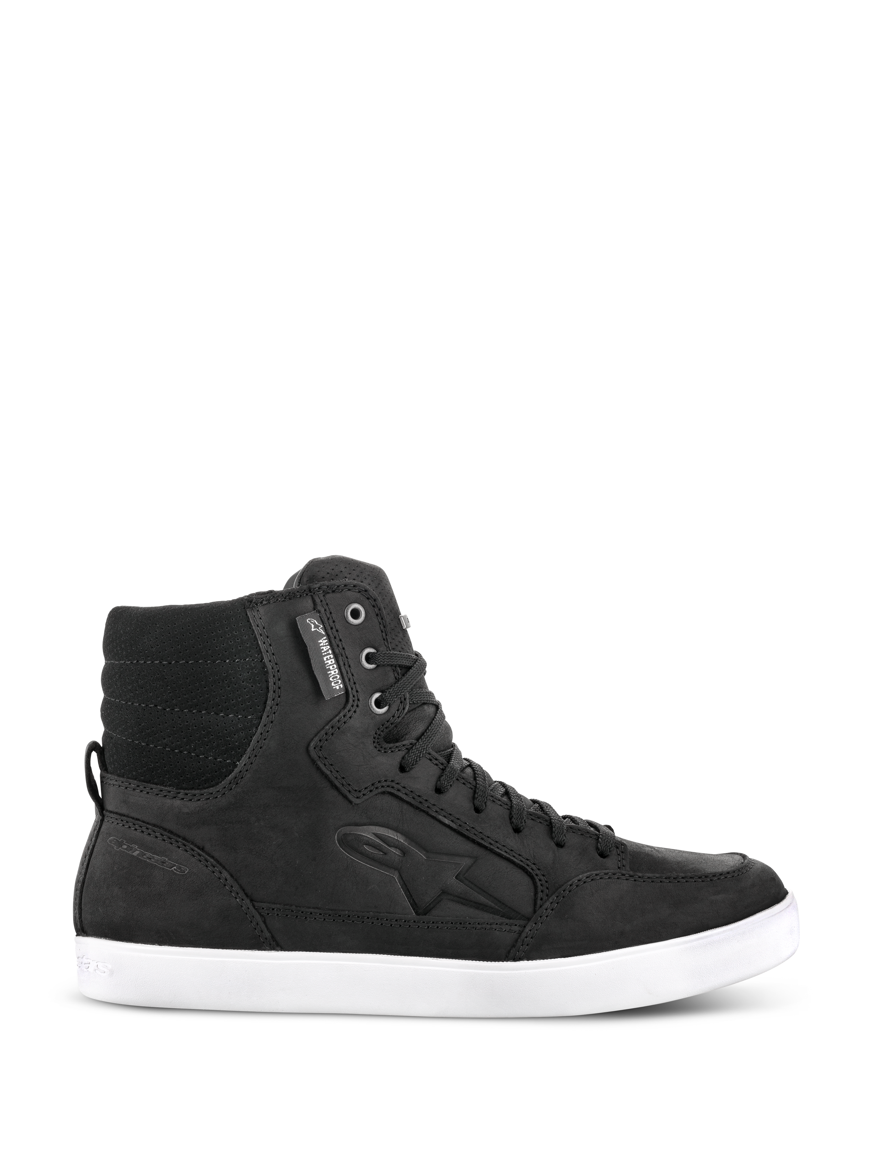 Alpinestars J-6 Waterproof Shoe, sort urban motorcykelsneaker, højhalset motorcykelfodtøj i læder med hvid flad sål, polstret vatteret ankel, metaløskner, vandtæt mærke, præget logo på siden, street-inspireret design til daglig brug