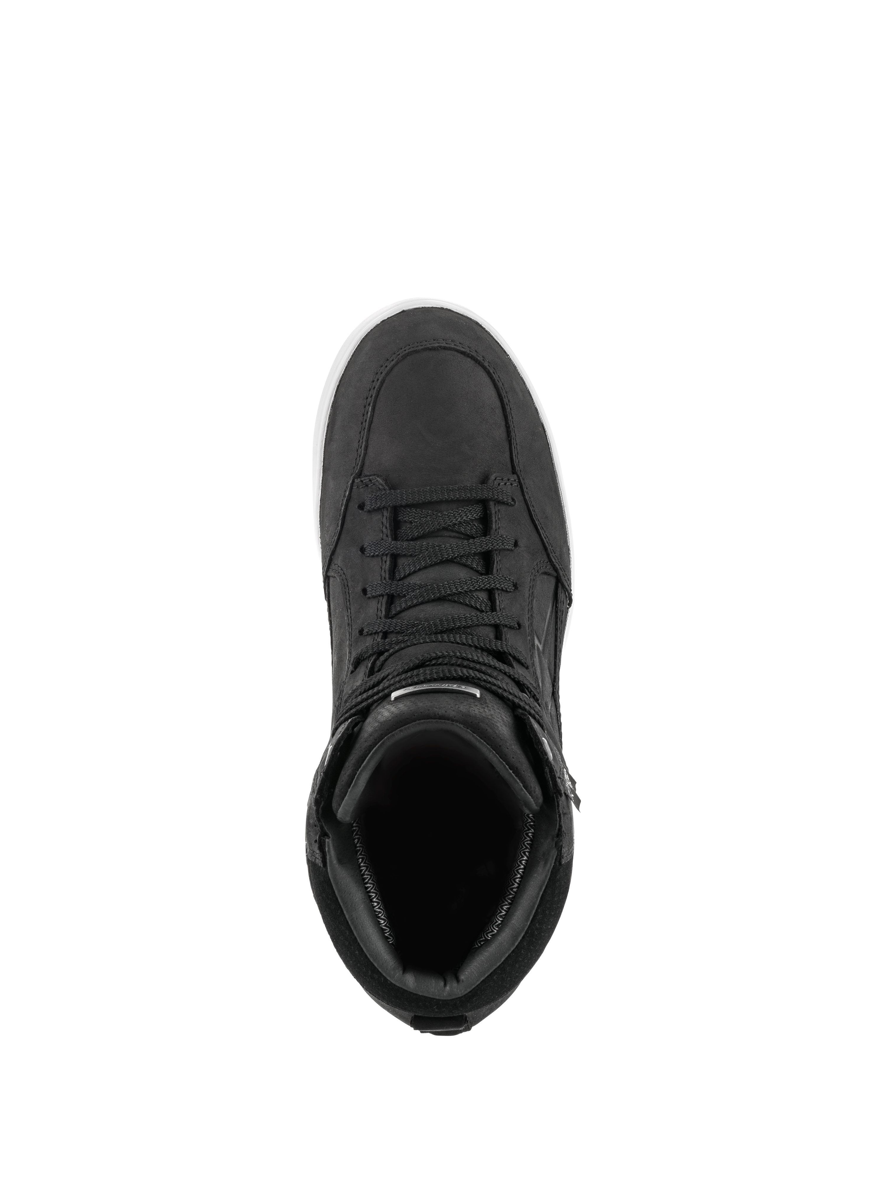Alpinestars J-6 Waterproof Shoe, sort og hvid, set ovenfra af motorcykelstøvle i sneaker-stil, førsteklasses sort læderkonstruktion med matchende snørebånd og hvid såldetalje, fodtøj til urban kørsel