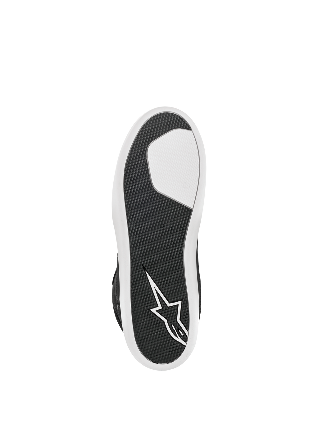 Alpinestars J-6 Waterproof sko, sort og hvid, set nedefra viser den avancerede gummisål, tekstureret grebsmønster for holdbarhed, hvidt stjernelogo på hælen, urban motorcykelfodtøj
