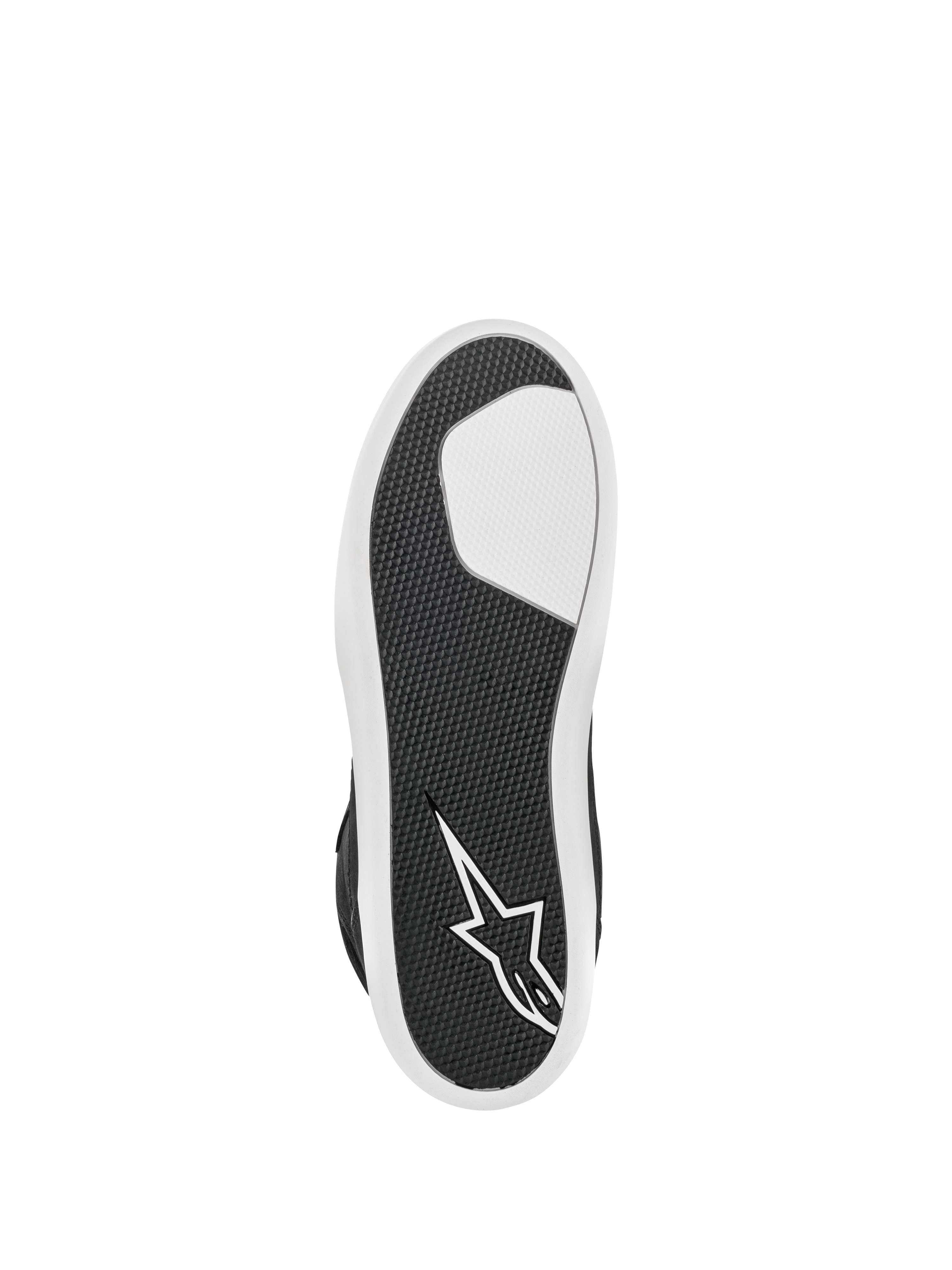 Alpinestars J-6 Waterproof sko, sort og hvid, set nedefra viser den avancerede gummisål, tekstureret grebsmønster for holdbarhed, hvidt stjernelogo på hælen, urban motorcykelfodtøj