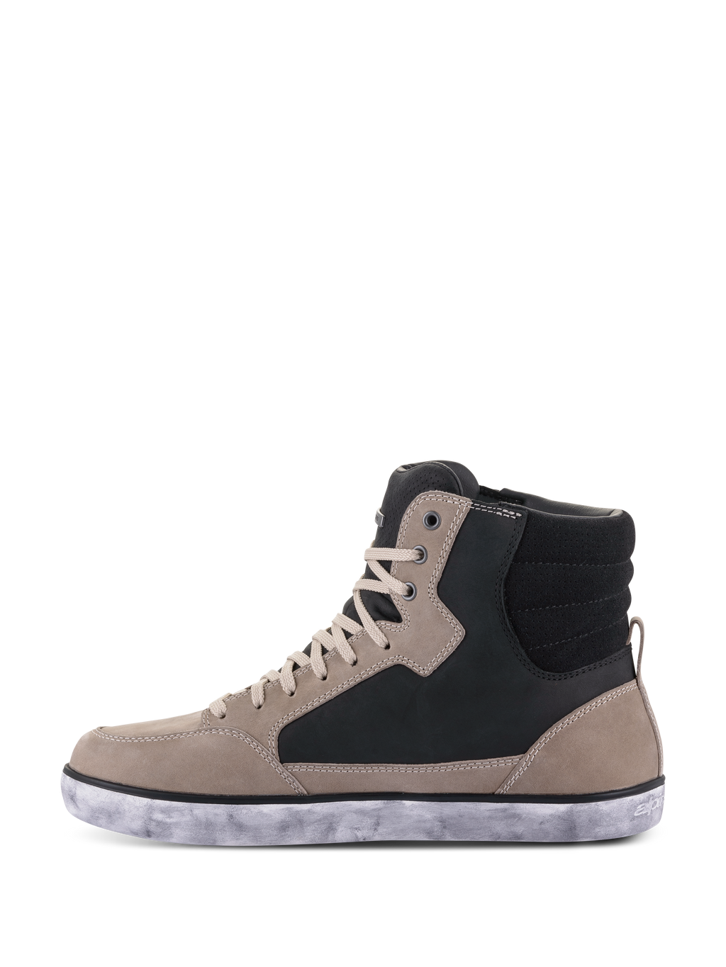 Alpinestars J-6 Waterproof sko, motorcykelsko, Black Flint White, high-top sneaker-stil med paneler i flintgråt og sort læder, cremefarvede snørebånd og en meleret hvid gummisål, afslappet urbant design til motorcykelbrug