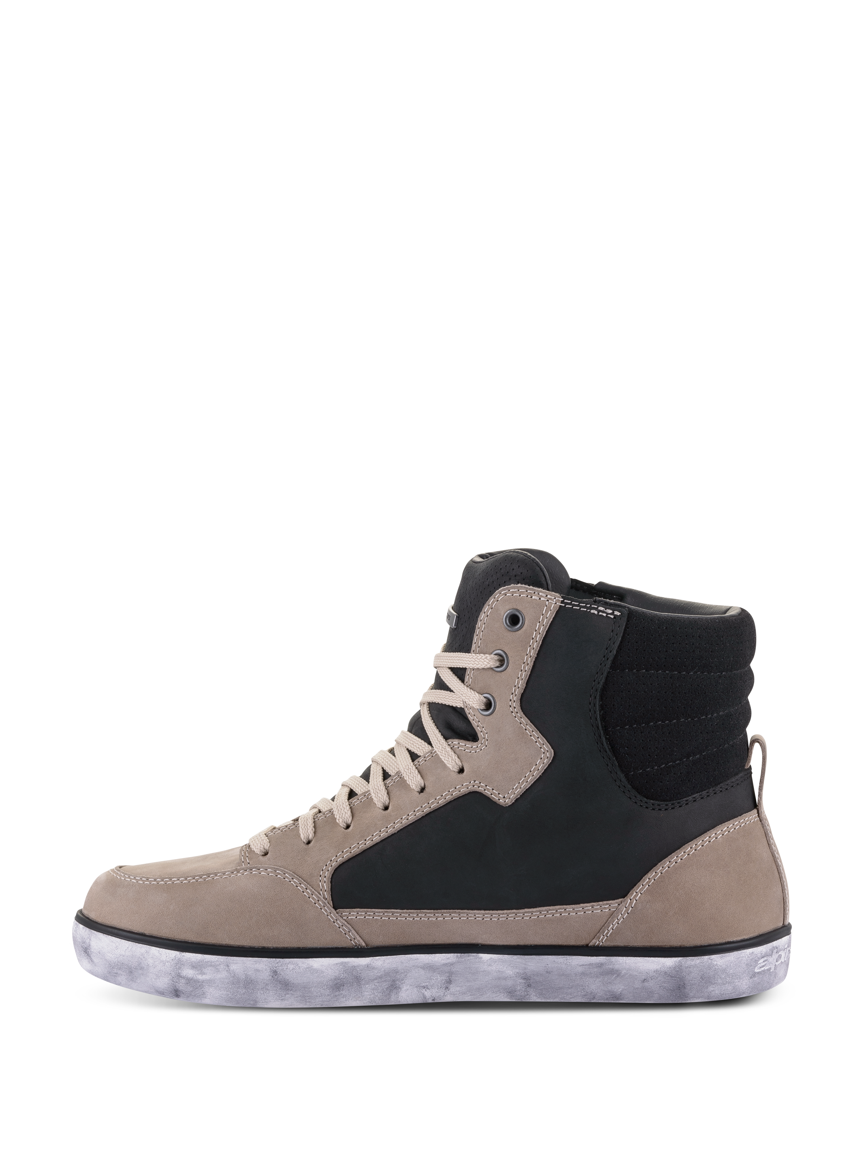 Alpinestars J-6 Waterproof sko, motorcykelsko, Black Flint White, high-top sneaker-stil med paneler i flintgråt og sort læder, cremefarvede snørebånd og en meleret hvid gummisål, afslappet urbant design til motorcykelbrug