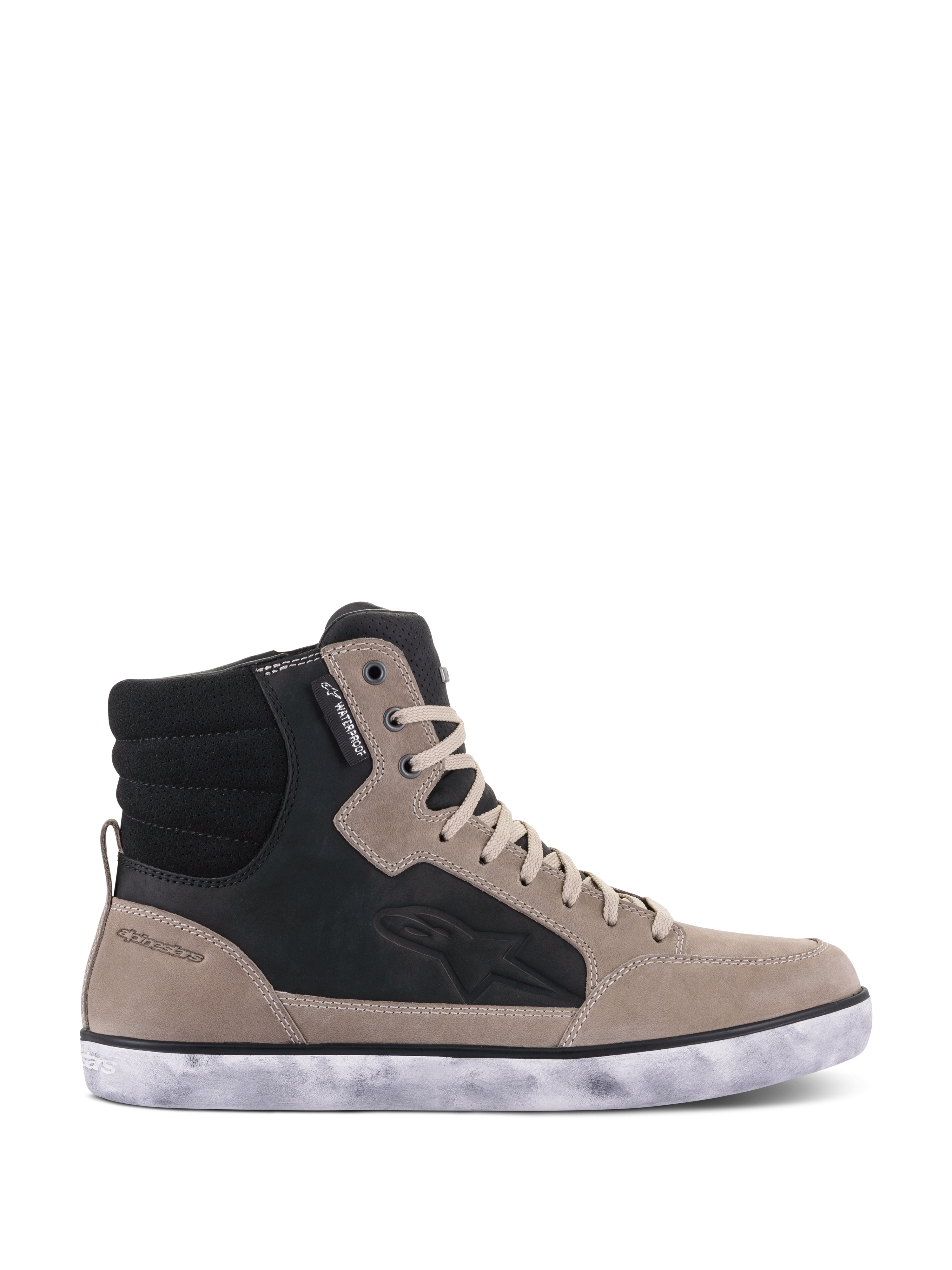 Alpinestars J-6 Waterproof sko, motorcykelsko, Sort Flint Hvid, high-top sneakerdesign i læder med en patineret hvid sål, vandtæt mærke og præget sidelogo