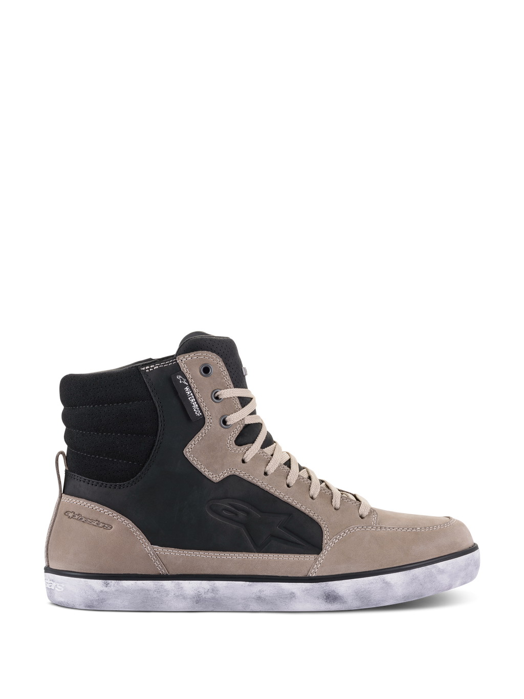 Alpinestars J-6 Waterproof sko, motorcykelstøvle, Black Flint White, sneaker-agtigt high-top design i læder med slidt hvid gummisål, med Astar-logo på siden og vandtæt mærke
