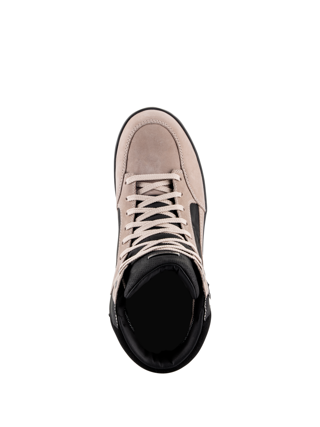Alpinestars J-6 Waterproof sko, urban motorcykelsko, Black Flint White, set oppefra med overdel i ruskindslæder, hvide snørebånd og sort polstret krave, afslappet sneaker-inspireret design til motorcykelpendling