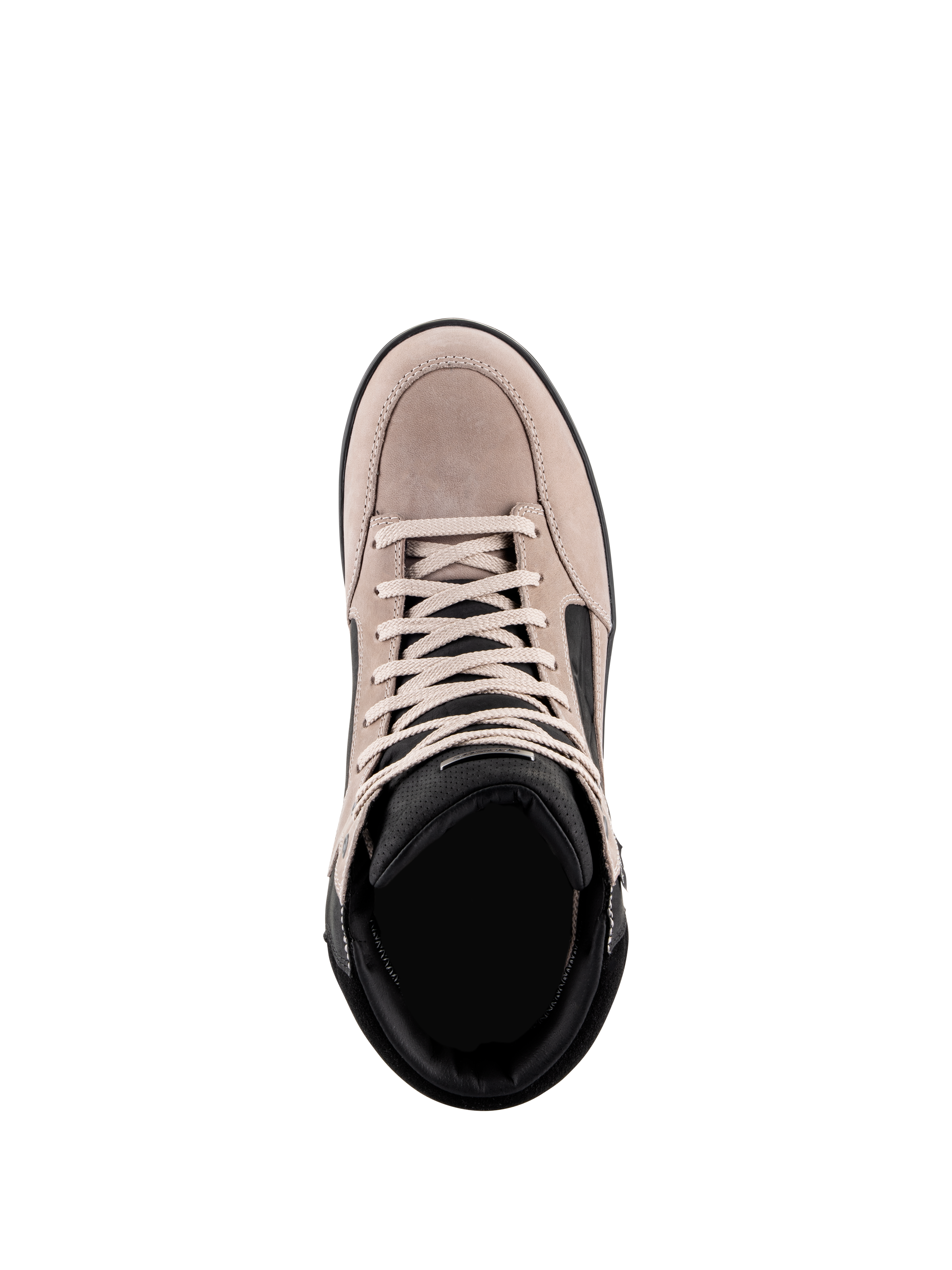 Alpinestars J-6 Waterproof sko, urban motorcykelsko, Black Flint White, set oppefra med overdel i ruskindslæder, hvide snørebånd og sort polstret krave, afslappet sneaker-inspireret design til motorcykelpendling