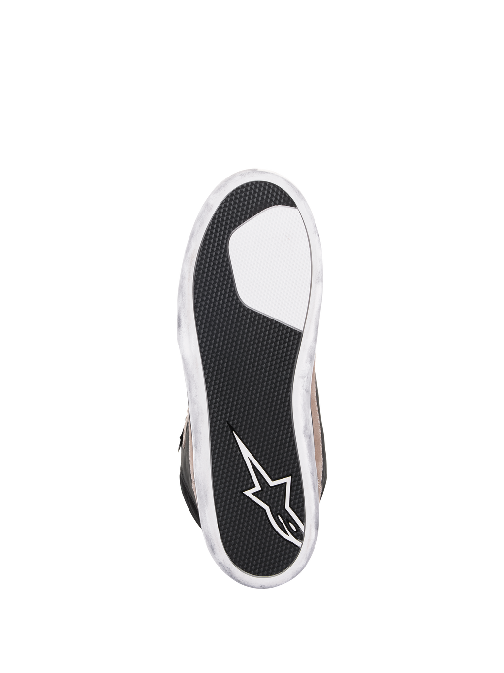 Alpinestars J-6 Waterproof sko, motorcykelsko, Black Flint White, ydersål set nedefra med tekstureret sort gummi for greb, hvidt Alpinestars-stjernelogo på hælen og hvide kanter med slidt look