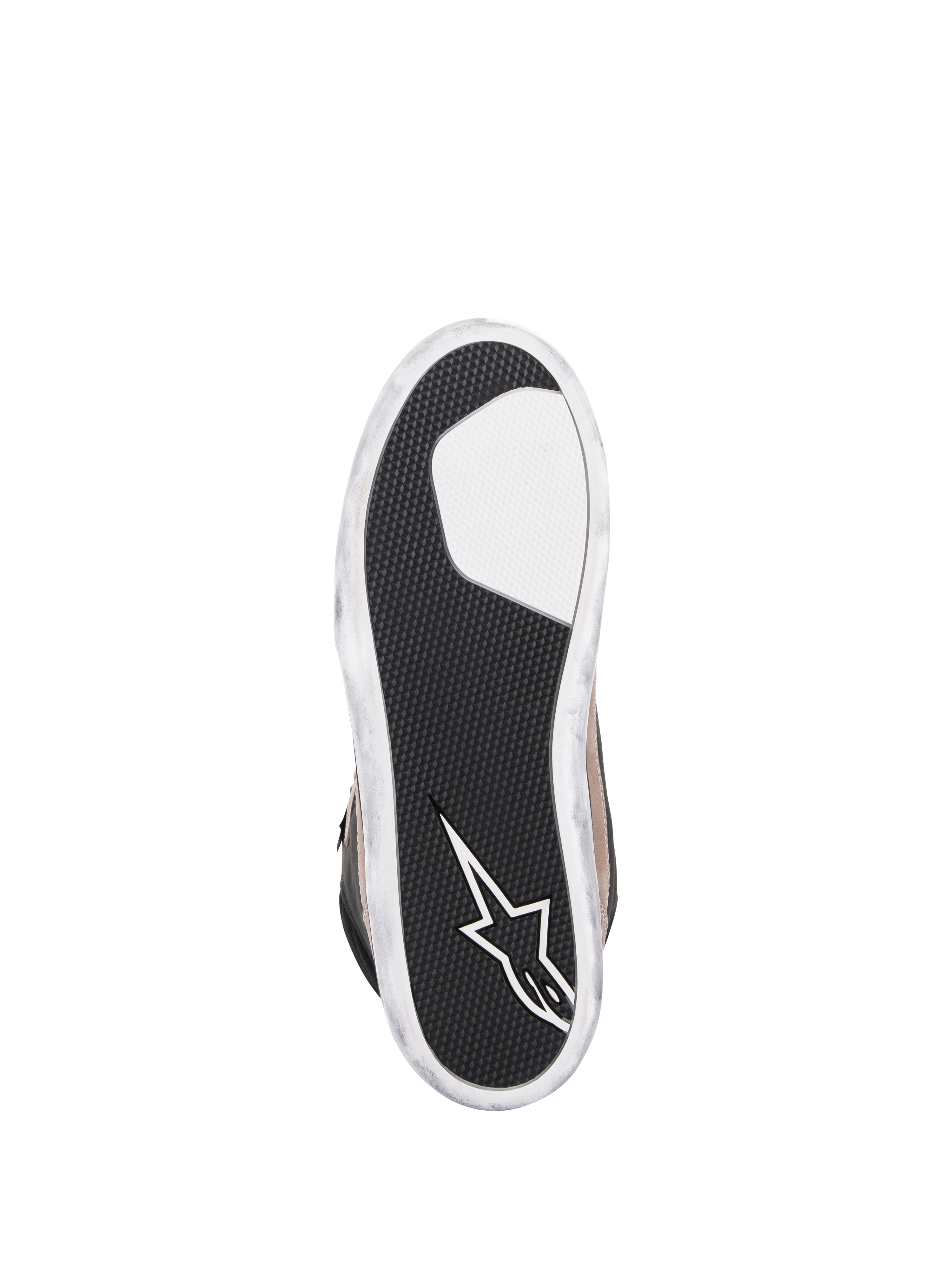 Alpinestars J-6 Waterproof sko, motorcykelsko, Black Flint White, ydersål set nedefra med tekstureret sort gummi for greb, hvidt Alpinestars-stjernelogo på hælen og hvide kanter med slidt look