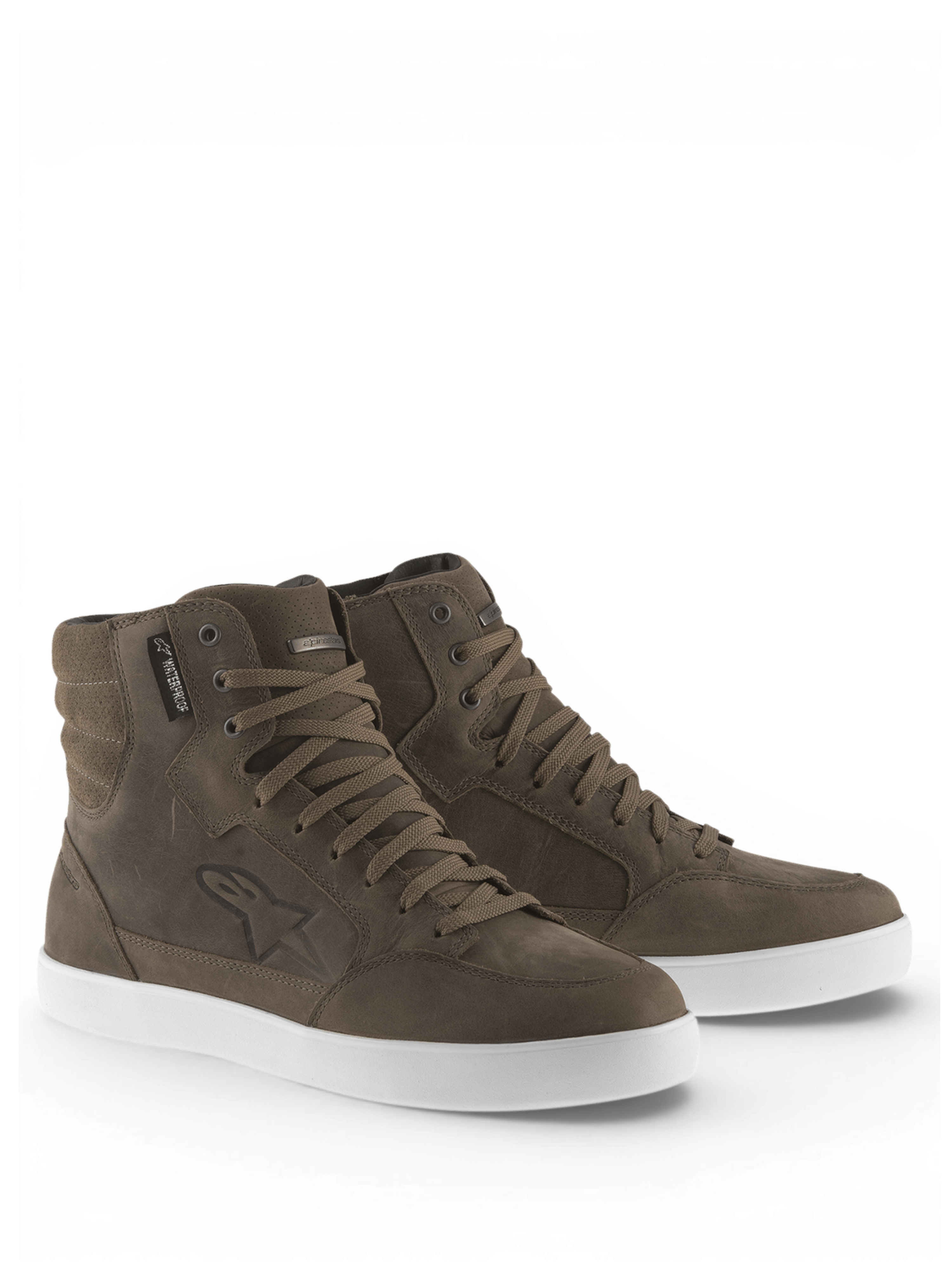 Alpinestars J-6 Vandtæt køresko, brune motorcykelsko i læder til mænd med hvid sål, urban stil.