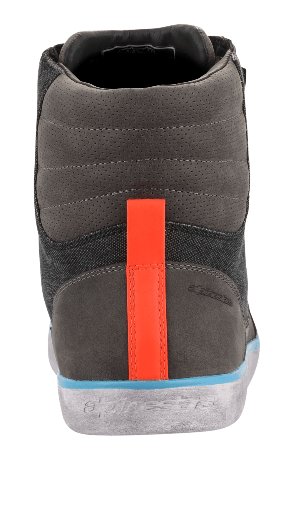 Alpinestars J-6 Waterproof Canvas ridesko, set bagfra, grå og antracitgrå overdel med en klar orange hælstribe, lyseblå kant over en grå slidt sål, motorcykelstøvle i urban sneaker-stil med præget branding