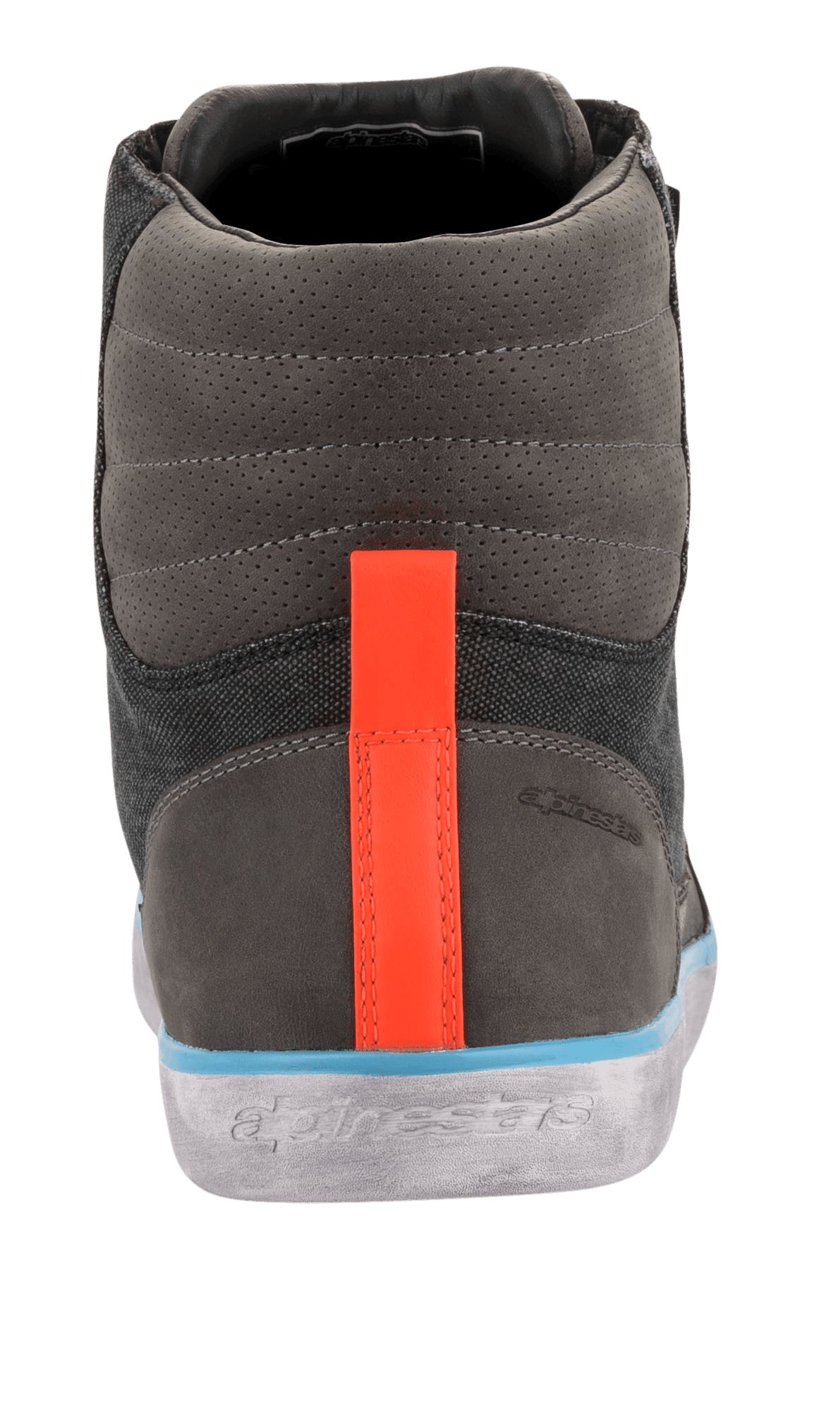 Alpinestars J-6 Waterproof Canvas ridesko, set bagfra, grå og antracitgrå overdel med en klar orange hælstribe, lyseblå kant over en grå slidt sål, motorcykelstøvle i urban sneaker-stil med præget branding