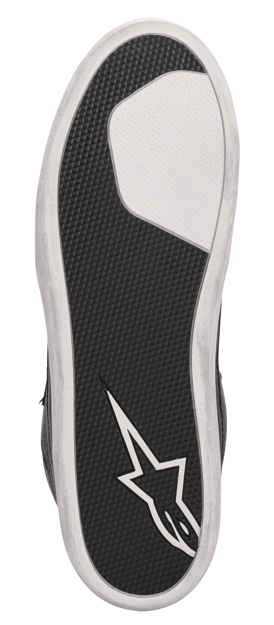 Alpinestars J-6 Waterproof Canvas ridesko, set fra undersiden, sort tekstureret gummi med hvid sektion ved forfoden og hvidt Alpinestars-stjernelogo på hælen, holdbart gummikopsål-design til motorcykelkørsel.